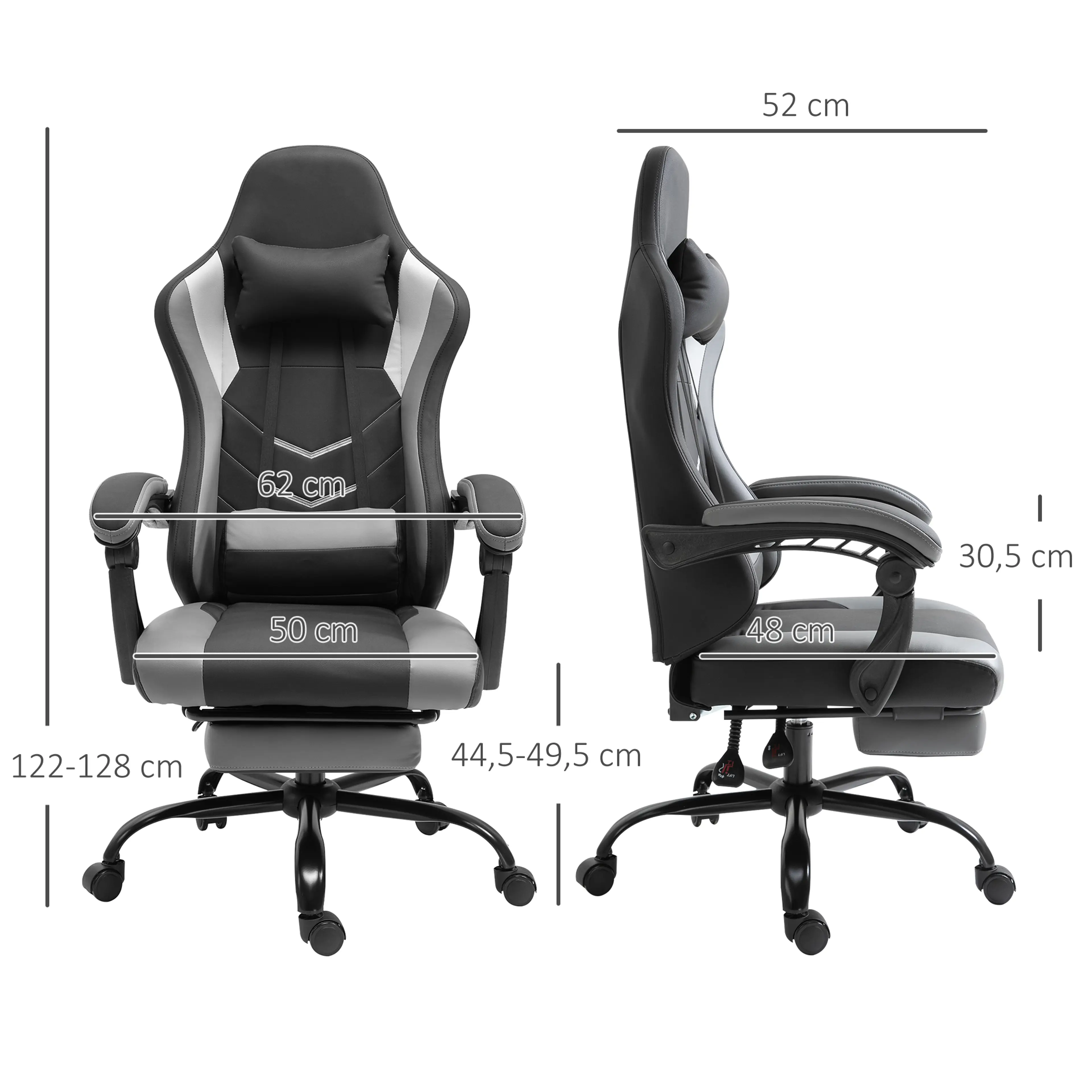 Måttritning för stolen: 52 cm djup, 122–128 cm hög, sits 50 cm och sitthöjd 44,5–49,5 cm