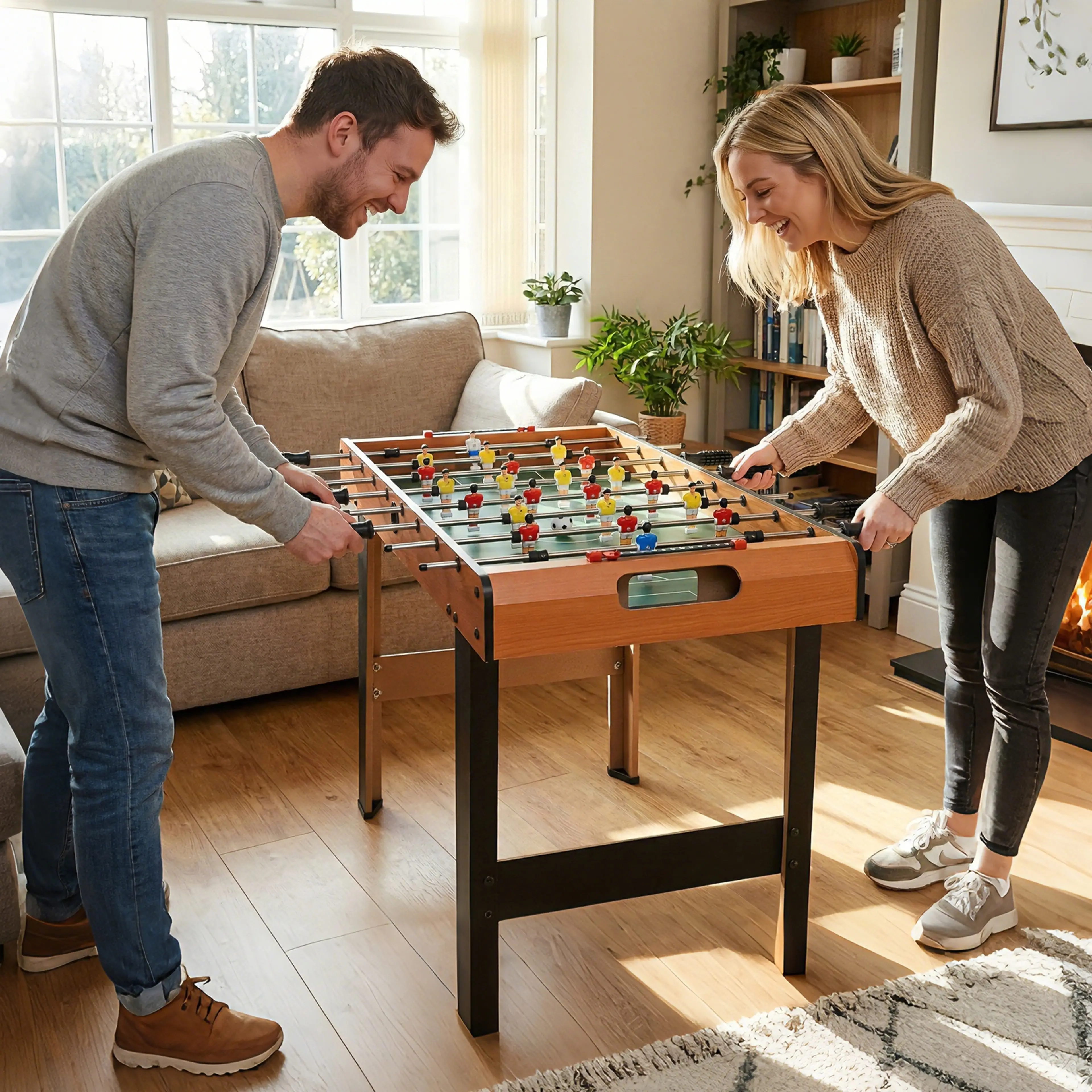 Två vuxna spelar på fotbollsbordet i ett vardagsrum