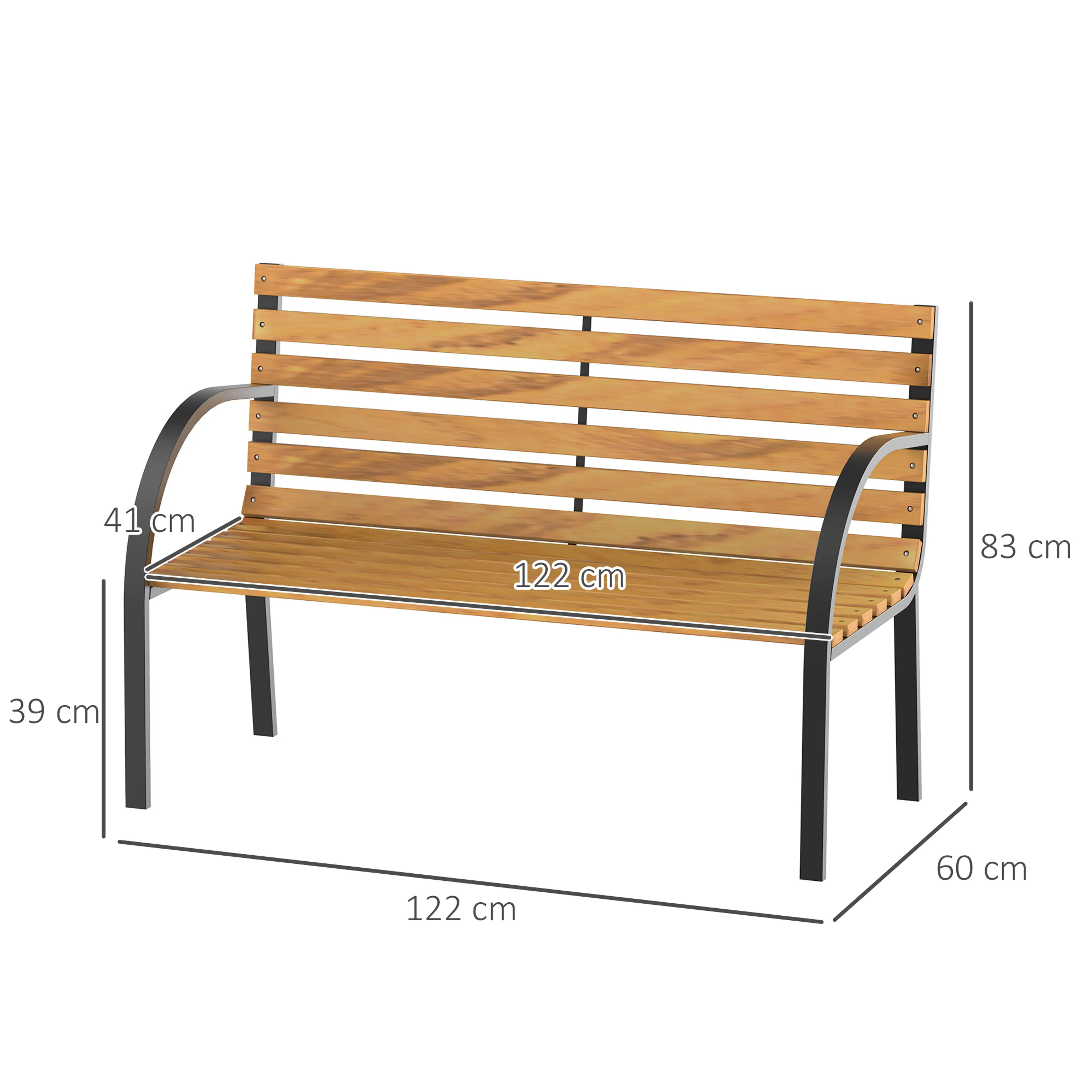 Måttskiss: 122 cm bred, 60 cm djup, 83 cm hög, sittyta 122 × 41 cm och sitthöjd 39 cm