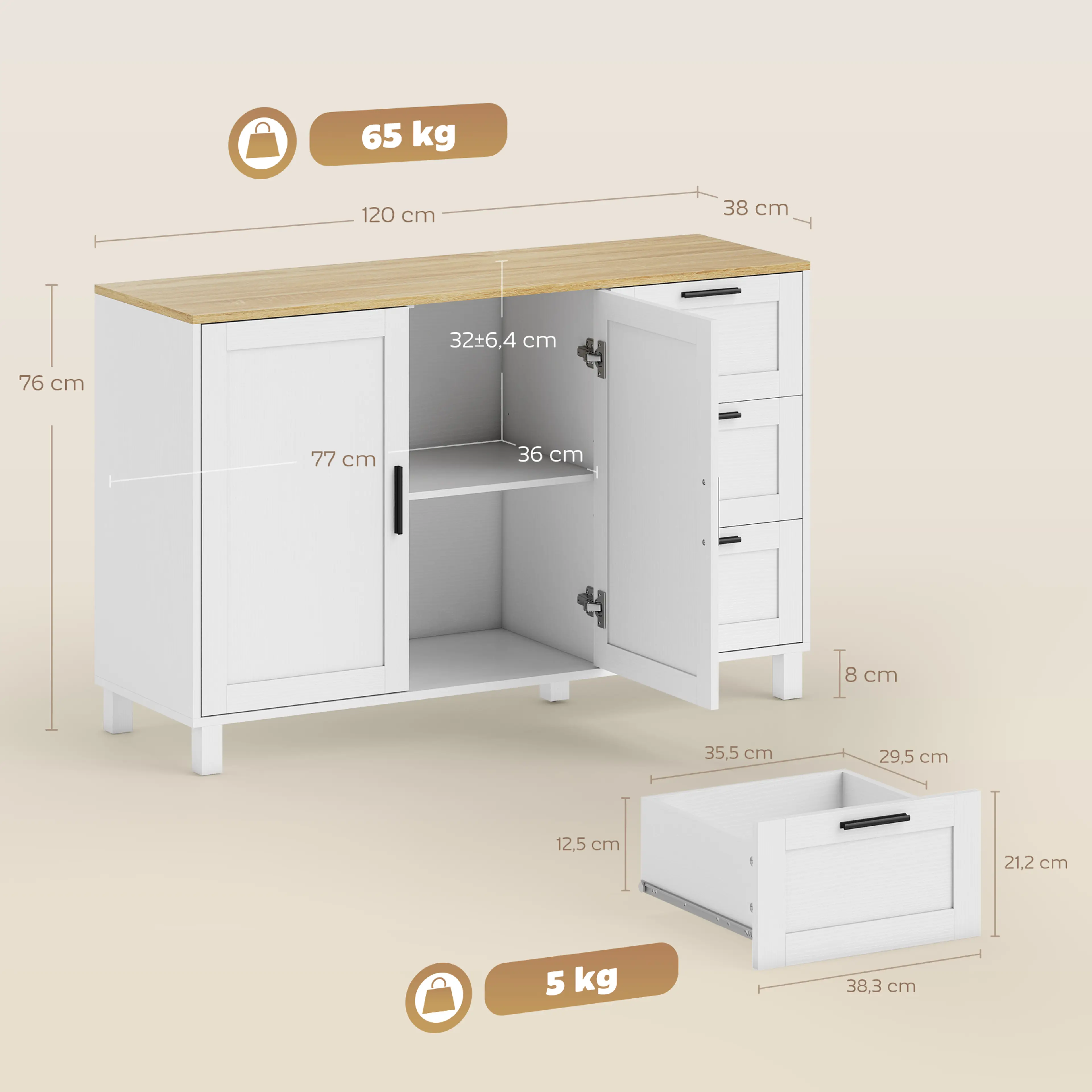 Sideboard 120 cm med soft close, tre lådor och tippskydd – bild 6