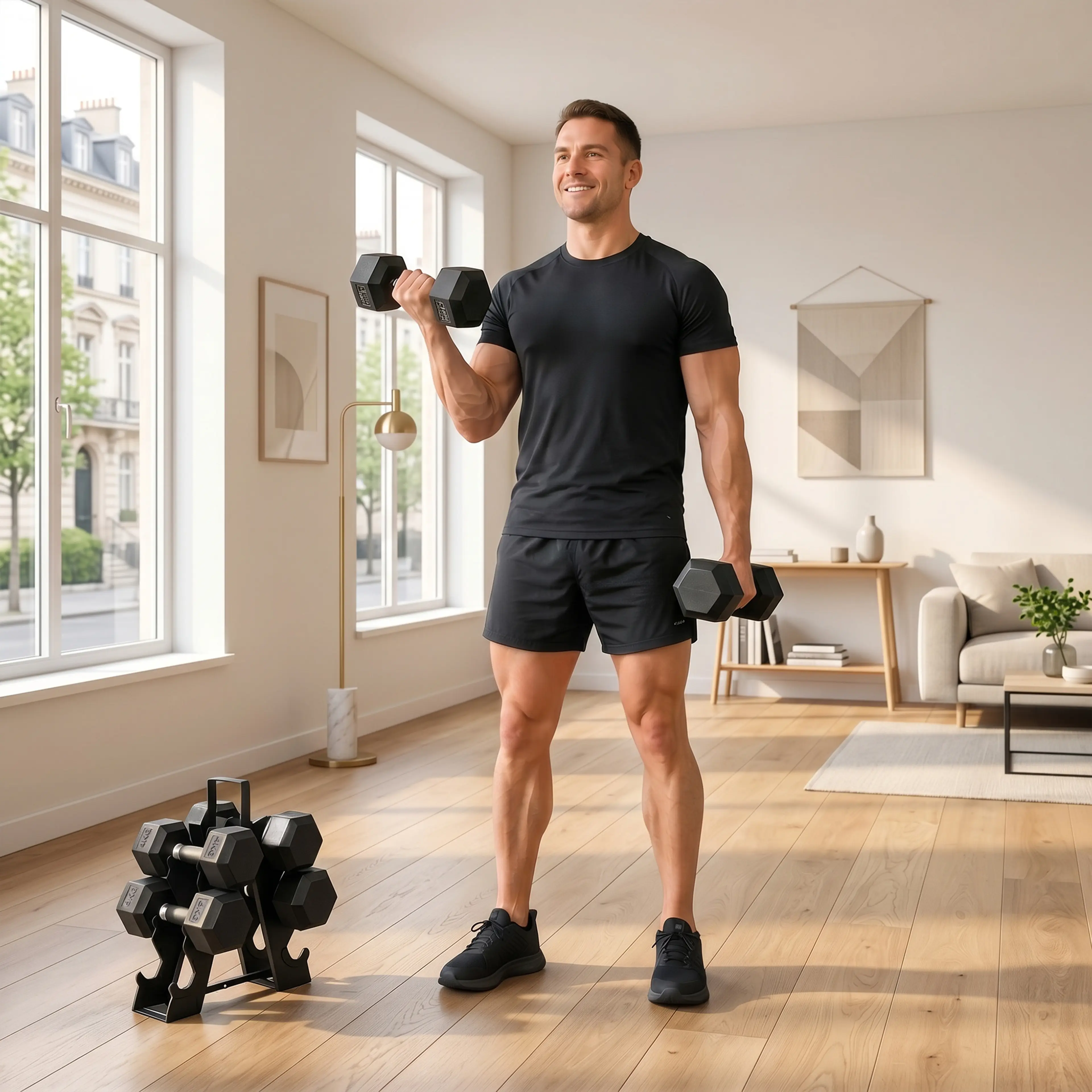 Man tränar bicepscurl med en hexhantel i ett ljust vardagsrum, hantelsetets ställ står på golvet