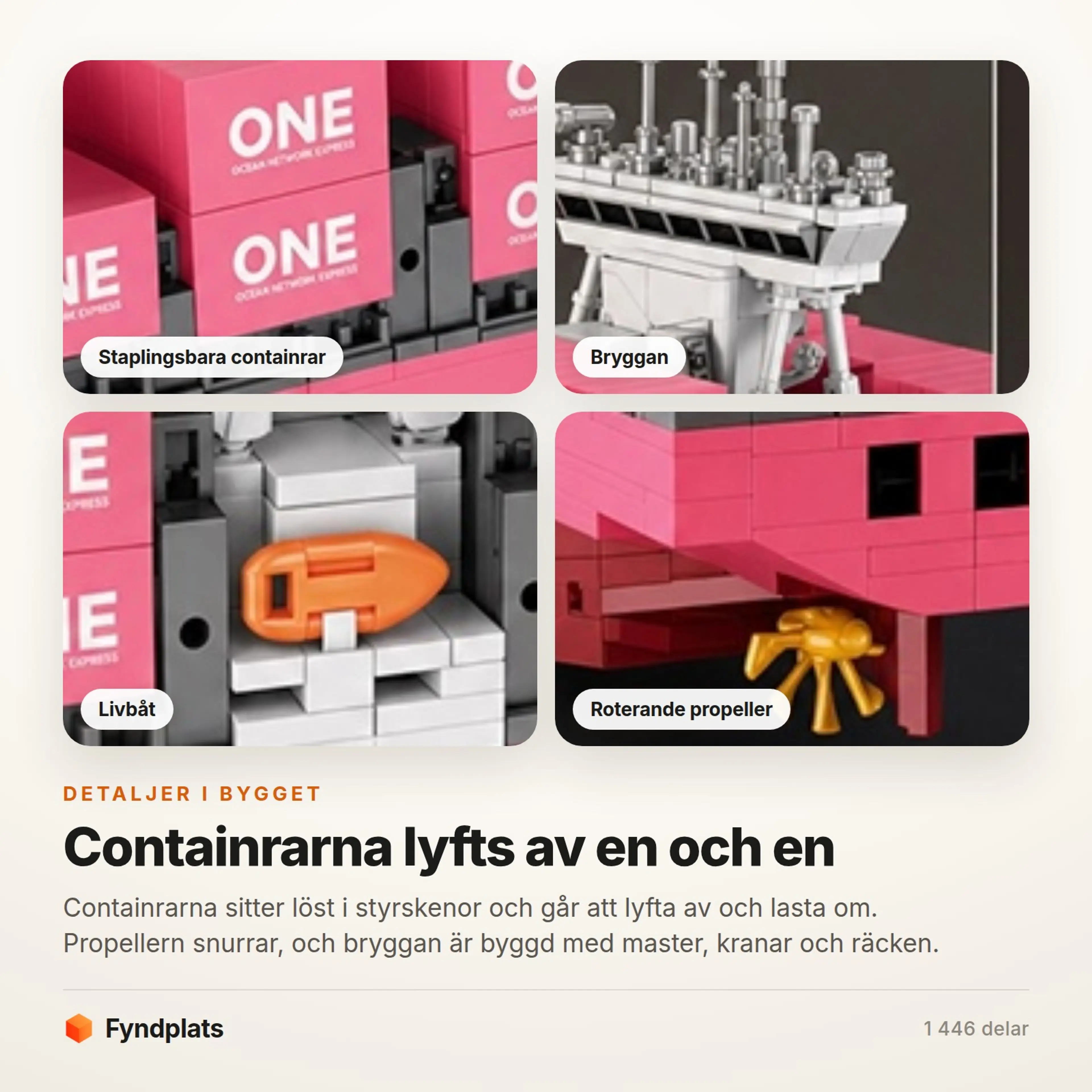 Fyndplats-kort: närbilder på staplingsbara containrar, bryggan, livbåten och den roterande propellern