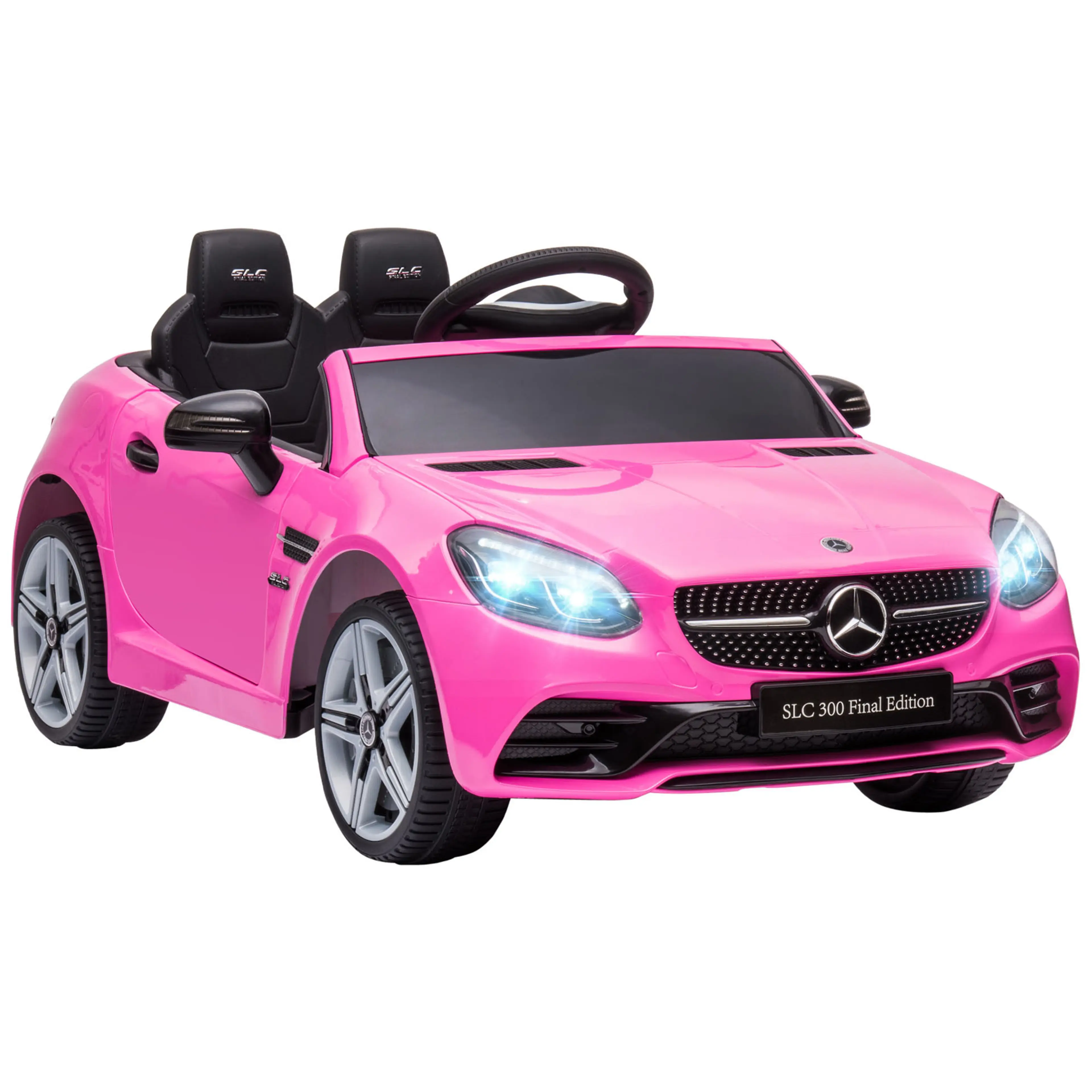 Elbil för barn i rosa – Mercedes-Benz SLC 300 med tända LED-strålkastare, sedd snett framifrån
