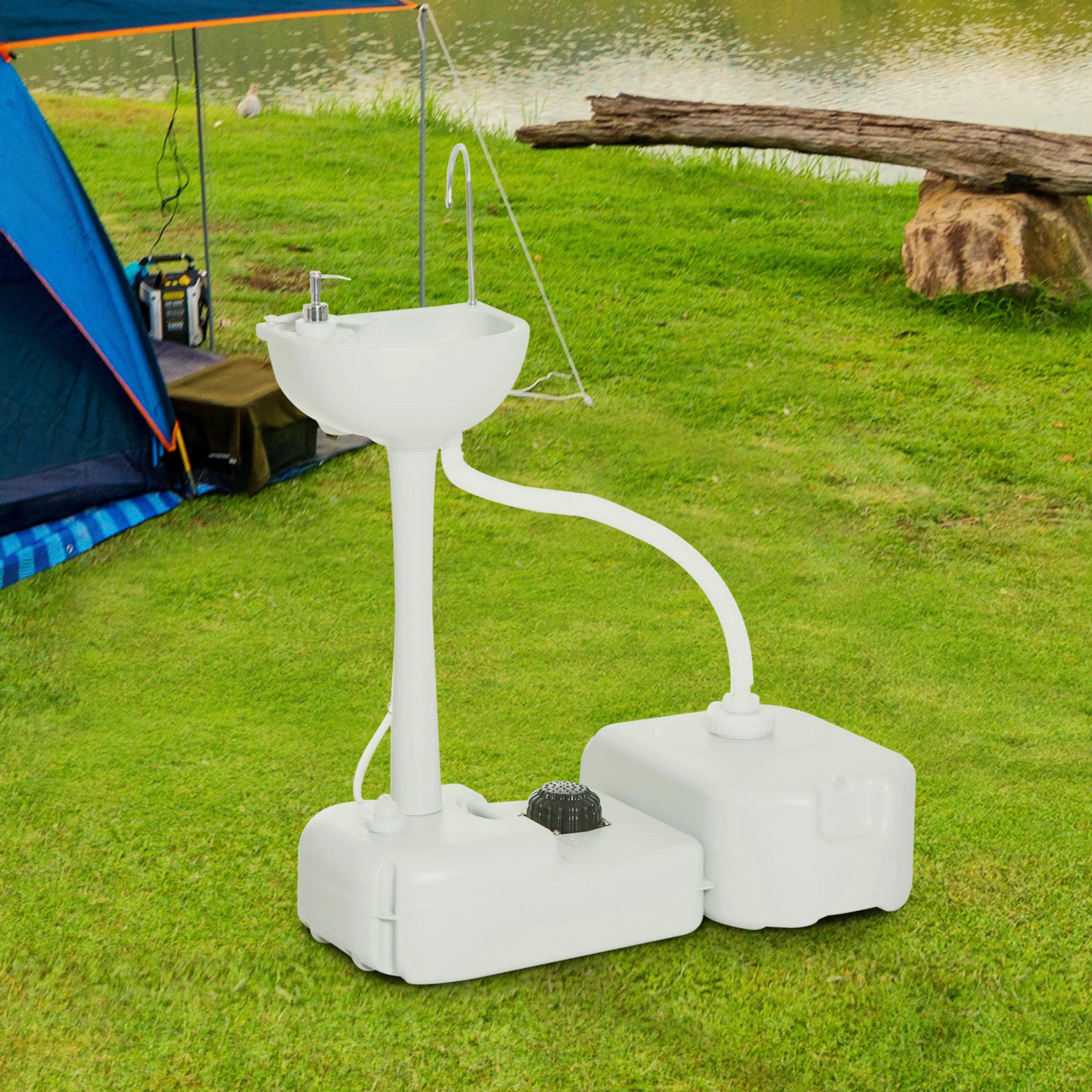 Bärbar campingvask med vattentankar och tvålpump – 83 cm