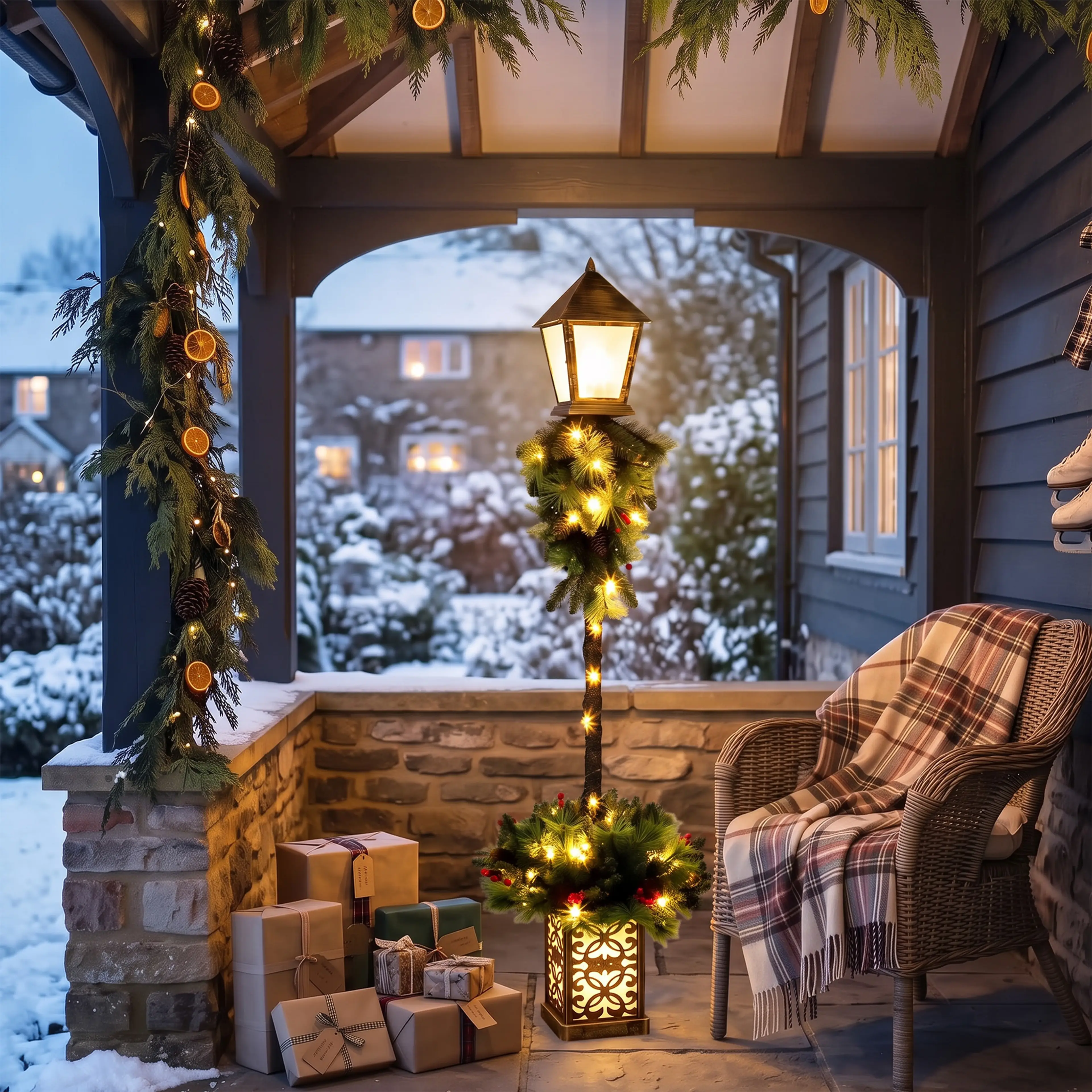 Lyktstolpen på en veranda med snö, med paket vid foten och en korgstol med pläd bredvid