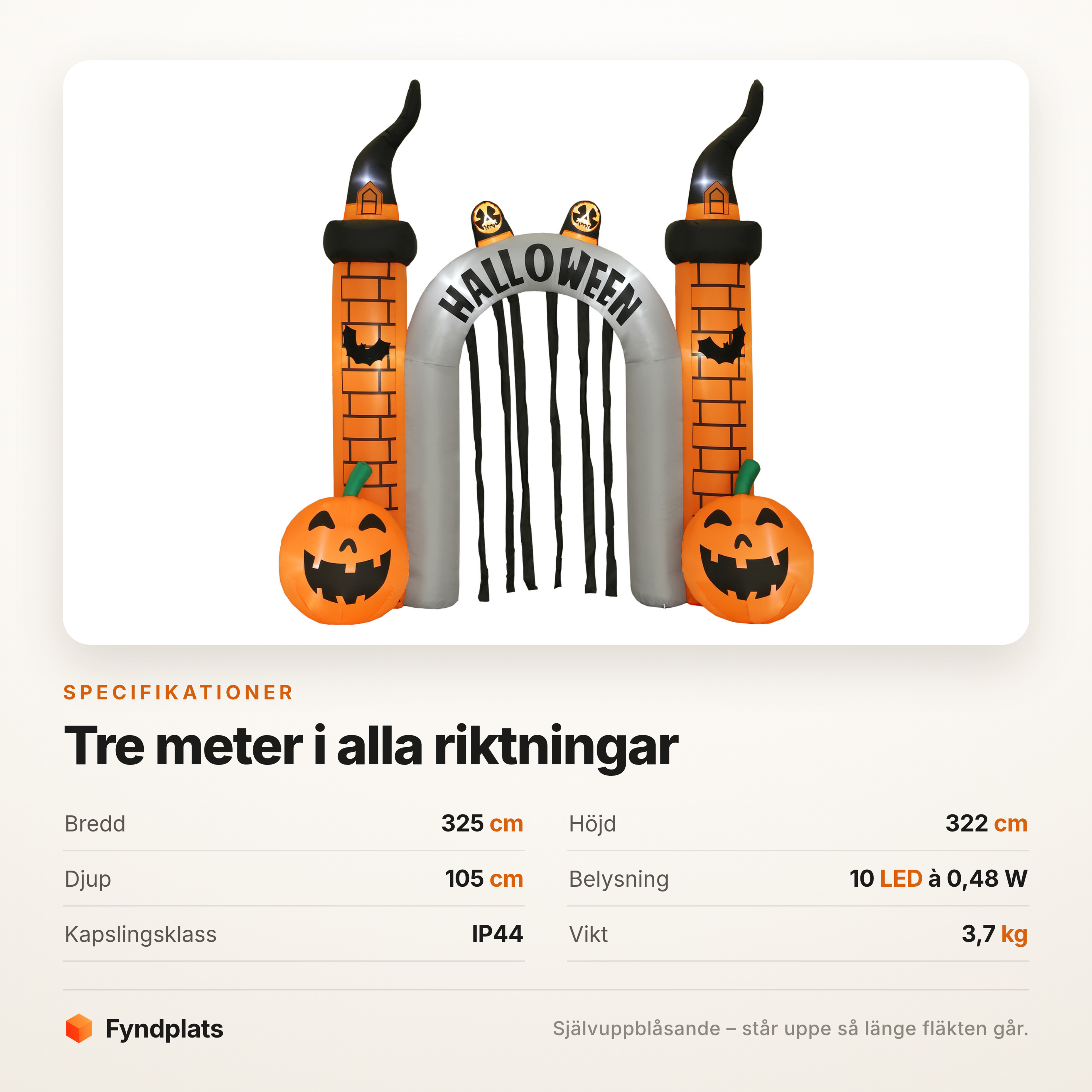 Specifikationer: 325 cm bred, 322 cm hög, 105 cm djup, tio lysdioder och IP44