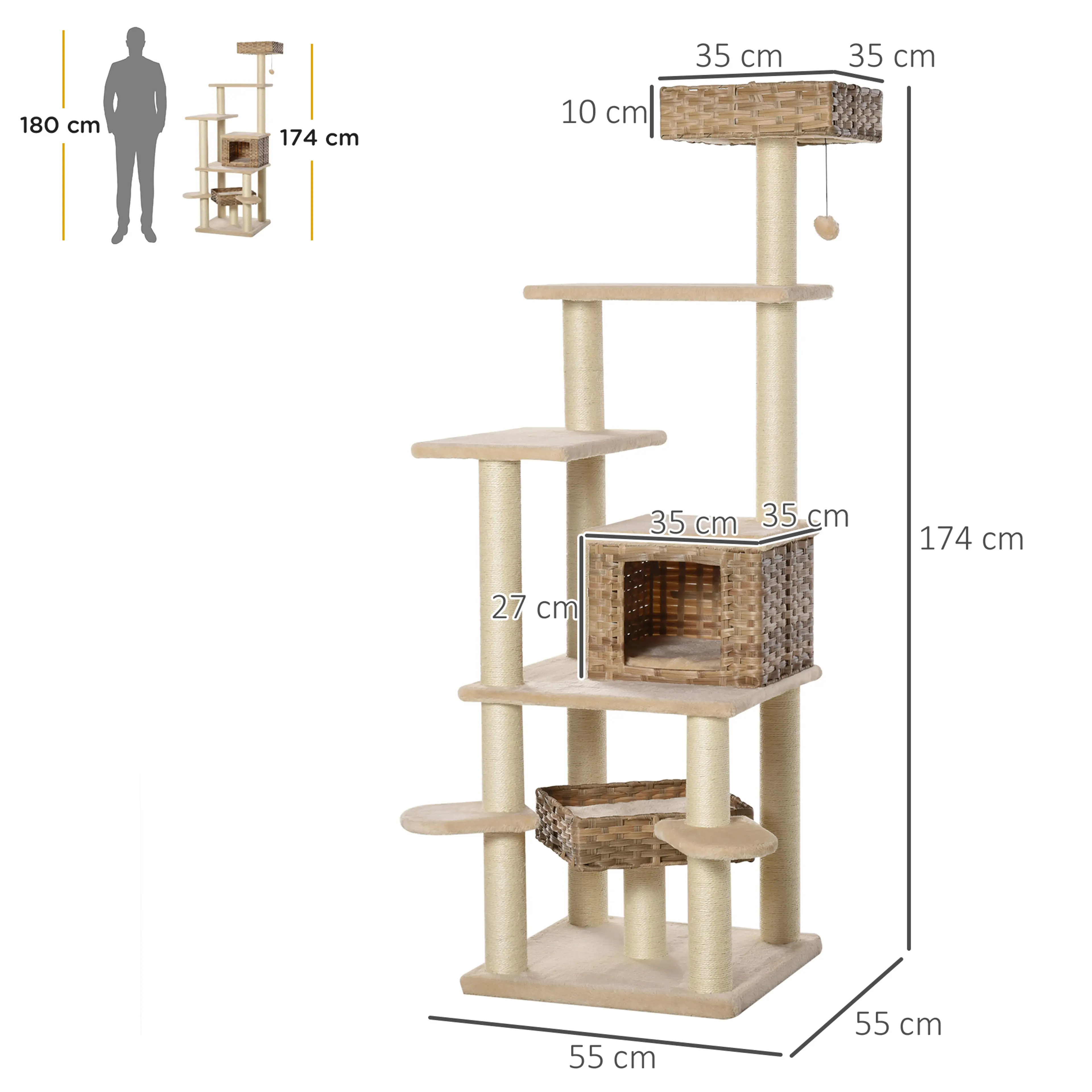 Klösträd i rotting 174 cm – flätad koja, grova sisalpelare och plysch – bild 4