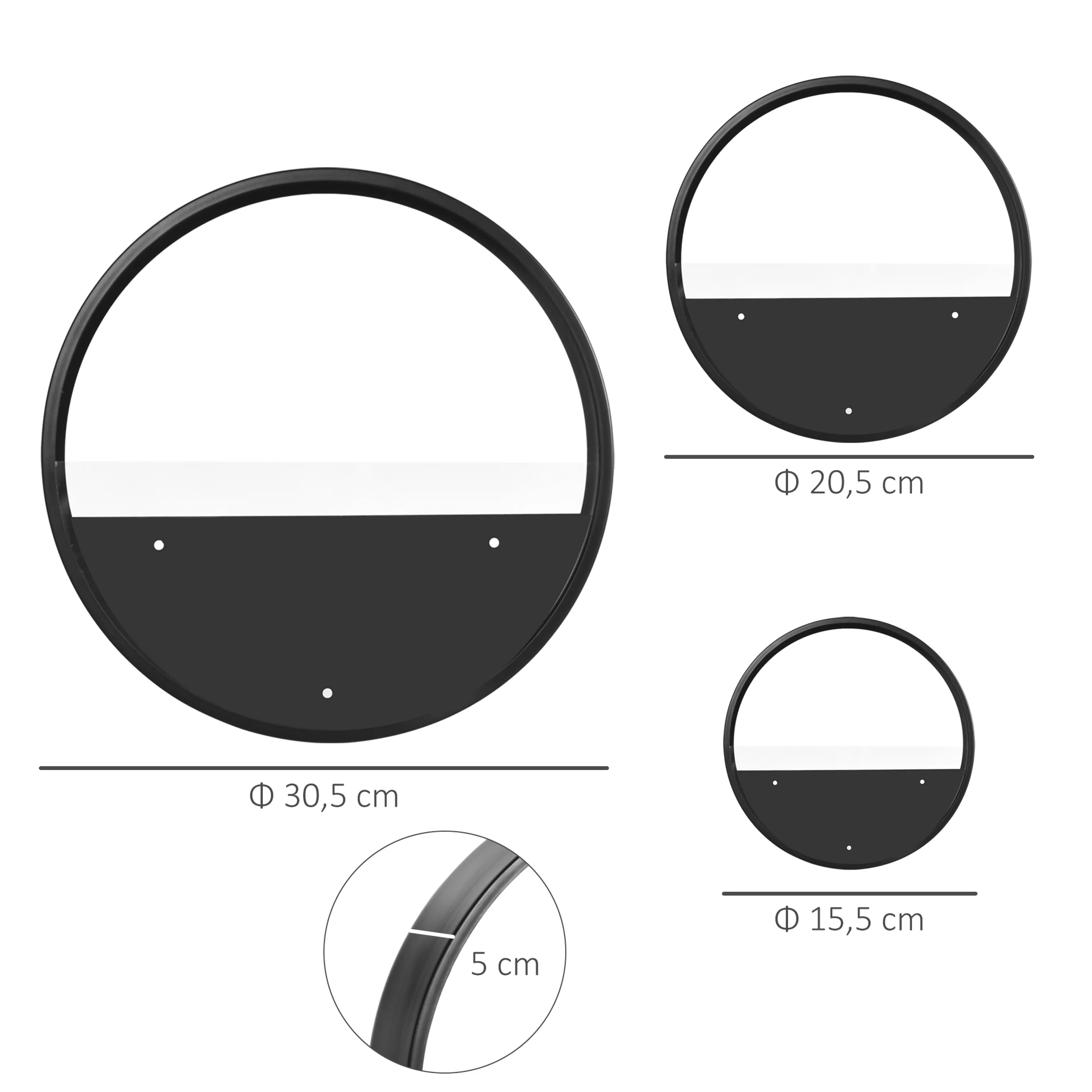 Måttbild som visar krukorna Ø30,5, Ø20,5 och Ø15,5 cm och djupet 5 cm