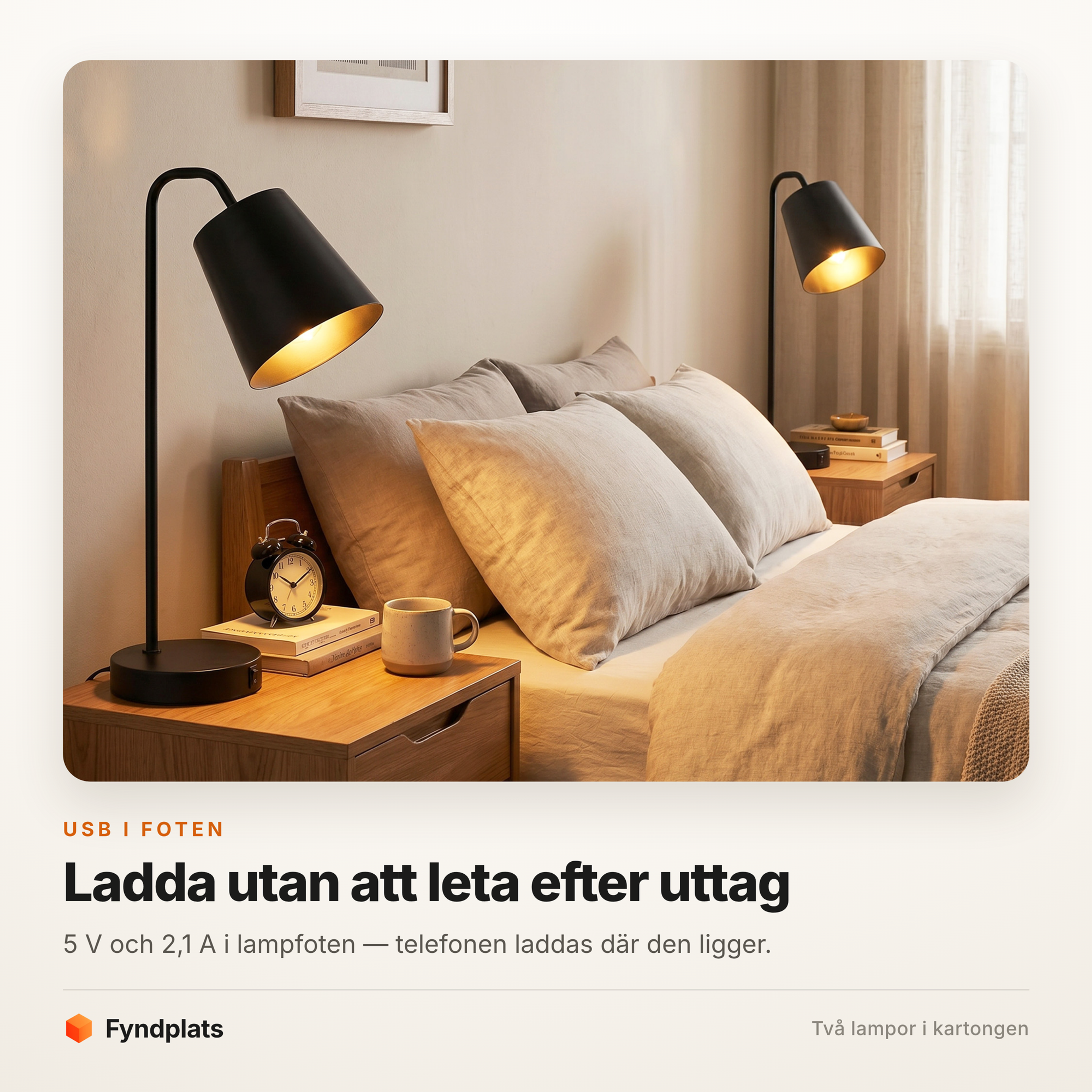 Bordslampor med USB 2-pack – 41 cm i svart stål, uttag i foten – bild 2