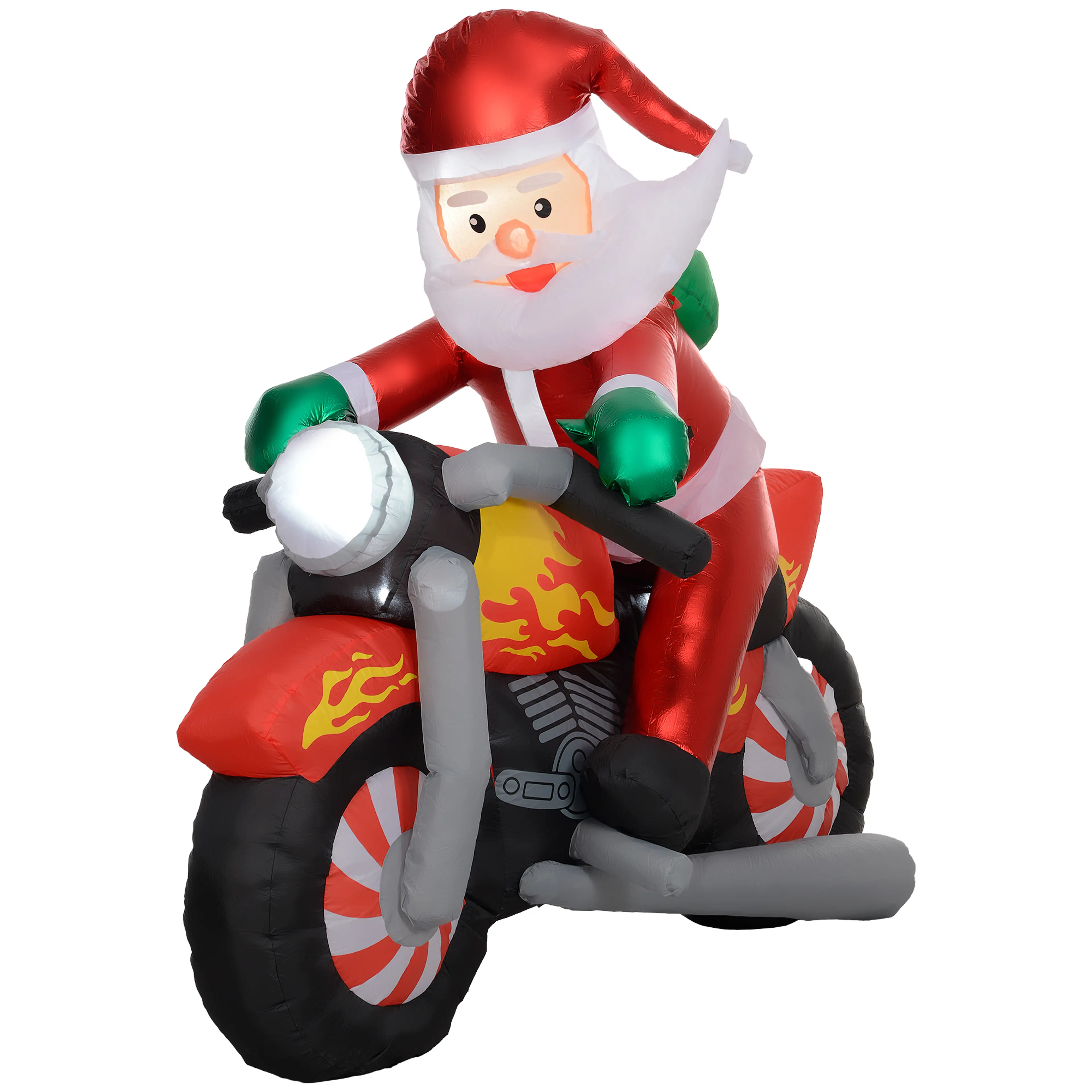 Uppblåsbar tomte på en röd motorcykel med gula flammor och randiga hjul, på vit bakgrund