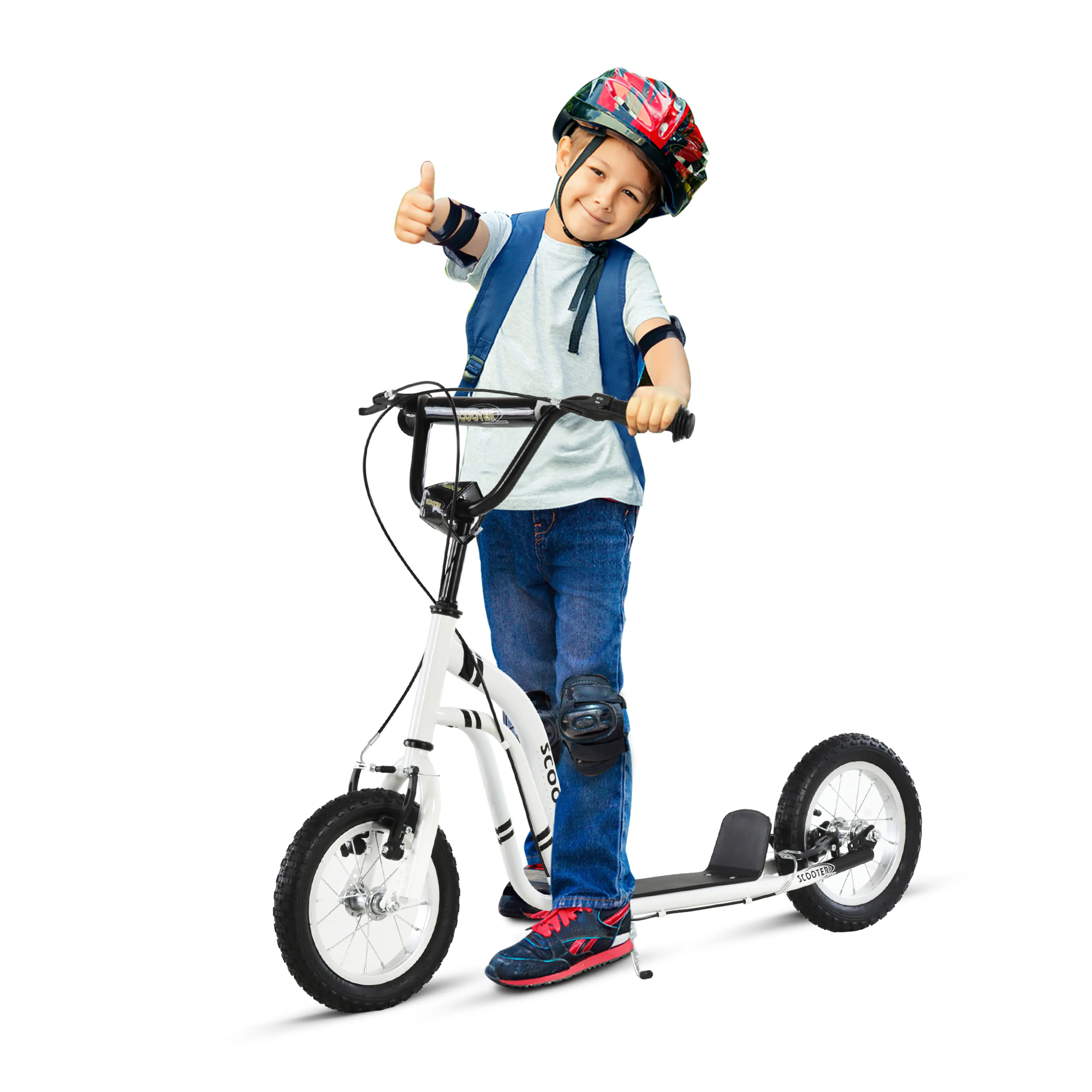 Vit sparkcykel för barn med svarta ränder, pojke med hjälm och ryggsäck bredvid