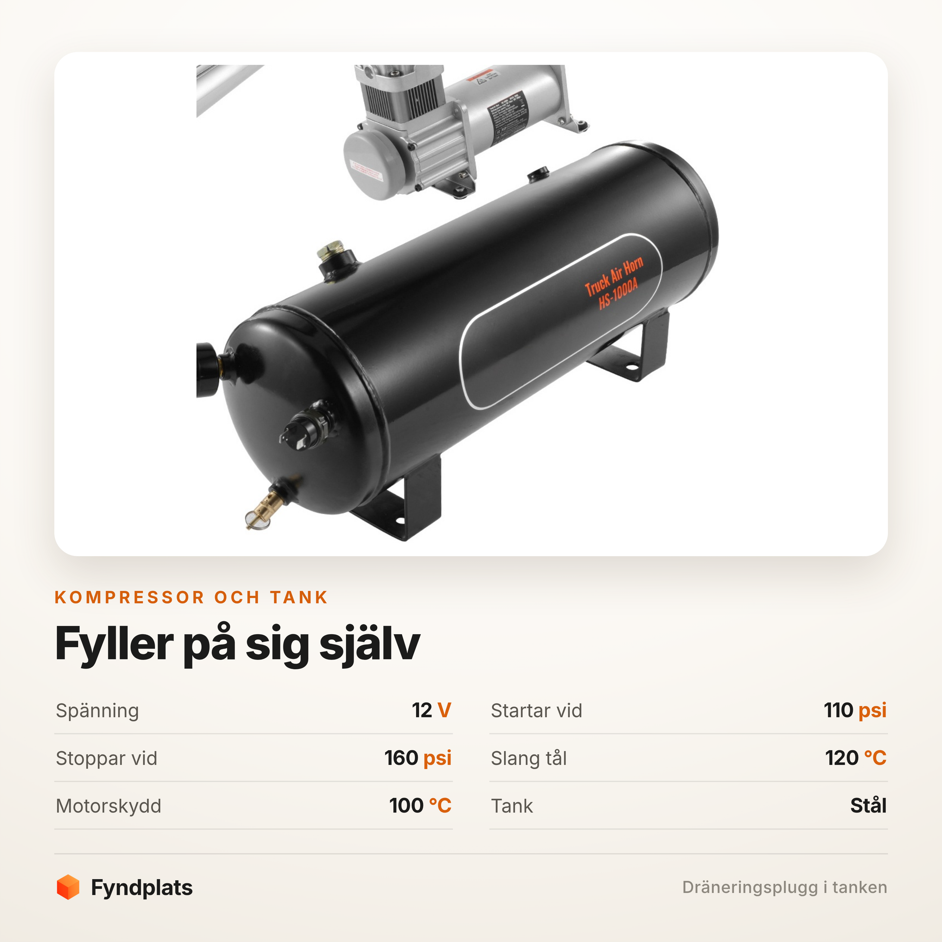 Tryckluftstank och 12 V-kompressor med tryckmätare och dräneringsplugg