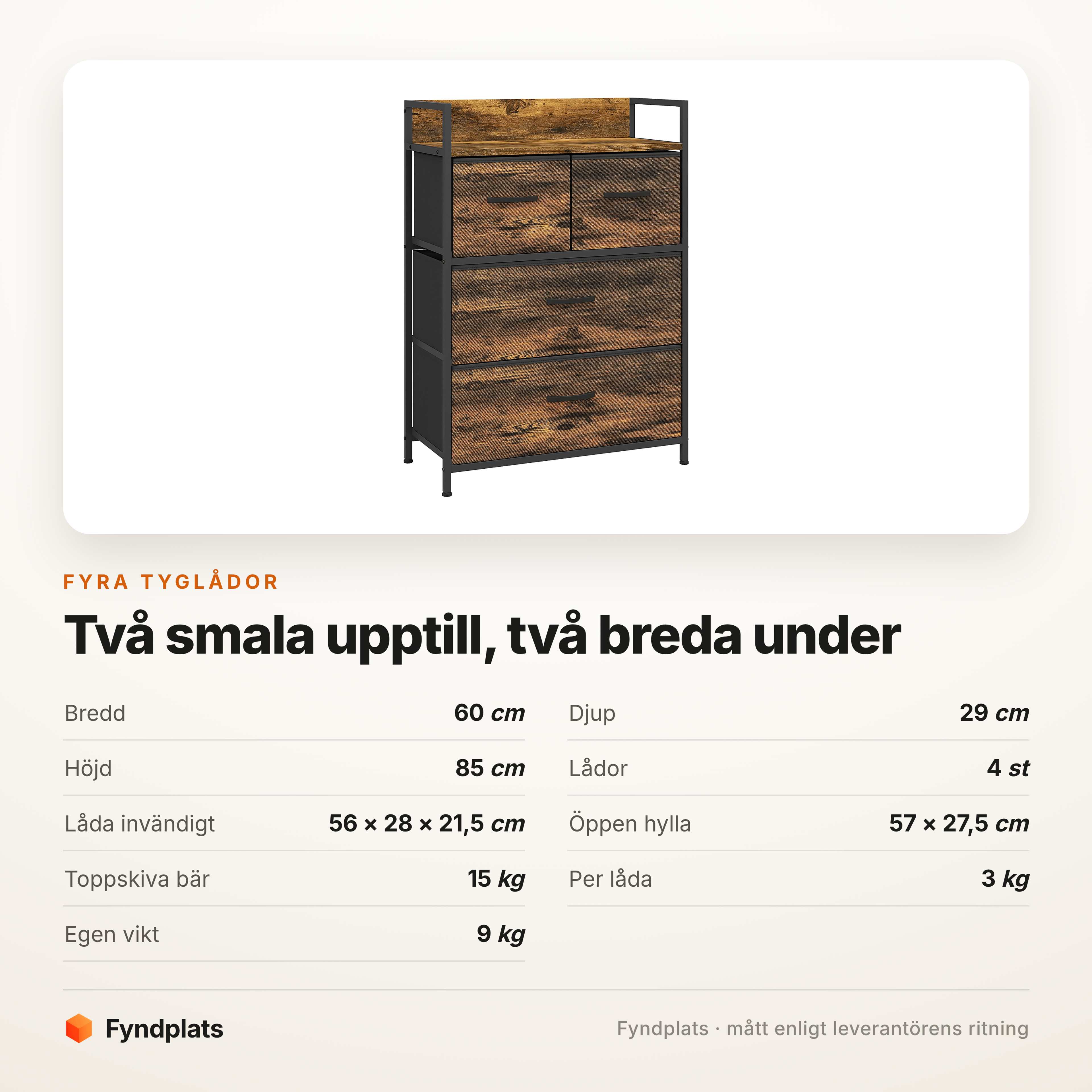 Byrå 60 cm med 4 tyglådor – rustik brun – bild 5