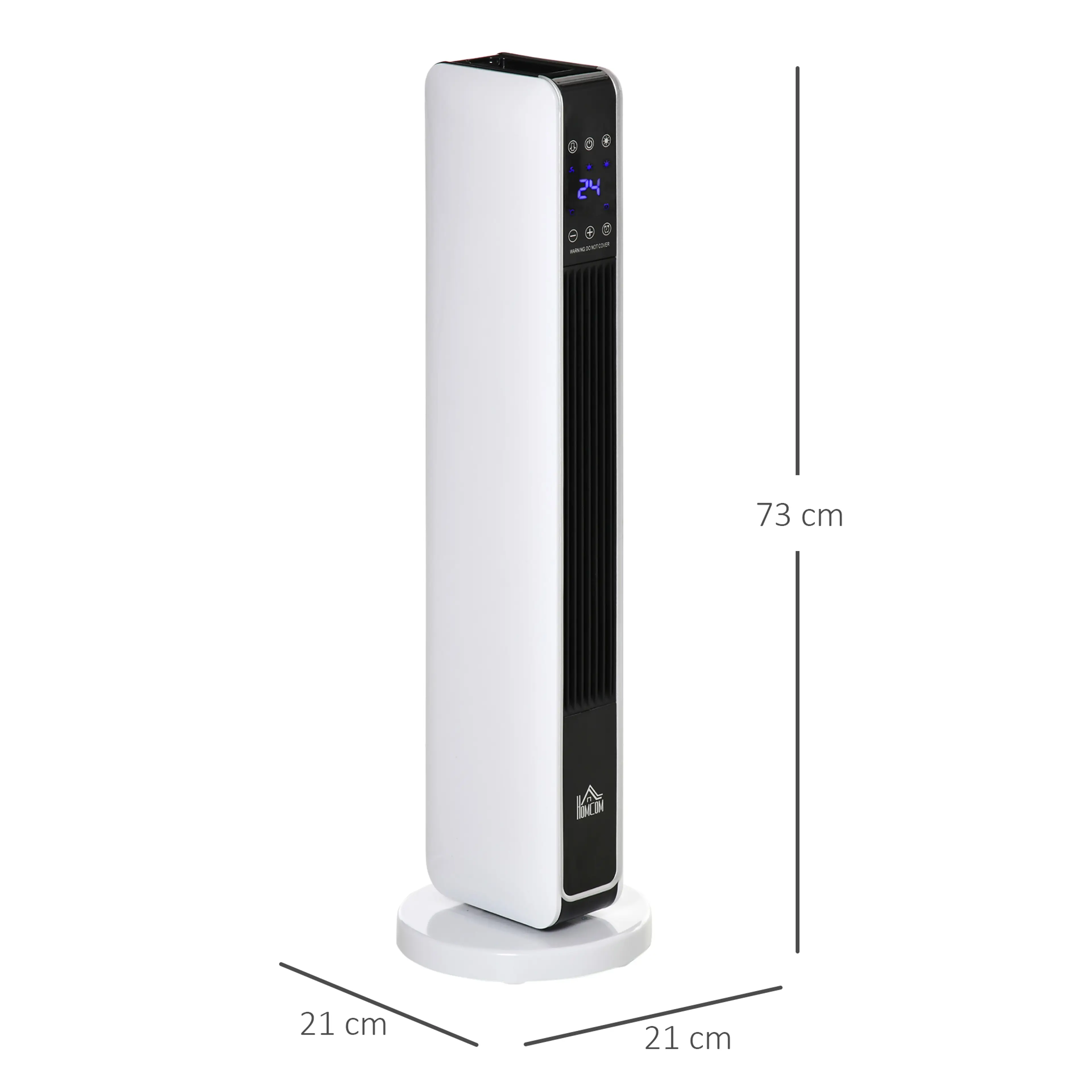 Måttskiss som visar 73 cm höjd och 21 × 21 cm bottenyta