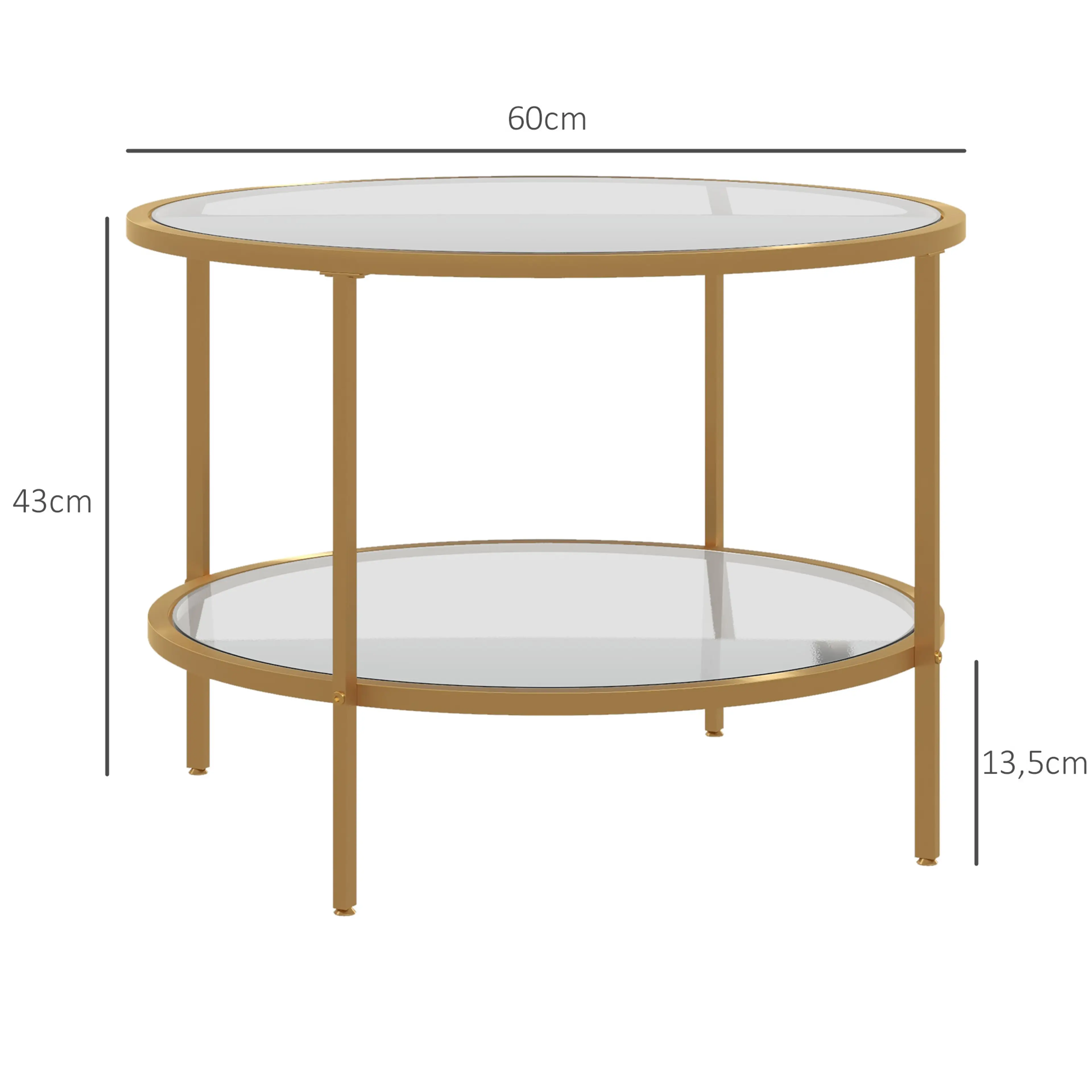 Måttritning för bordet: Ø 60 cm, 43 cm högt och nedre planet 13,5 cm över golvet