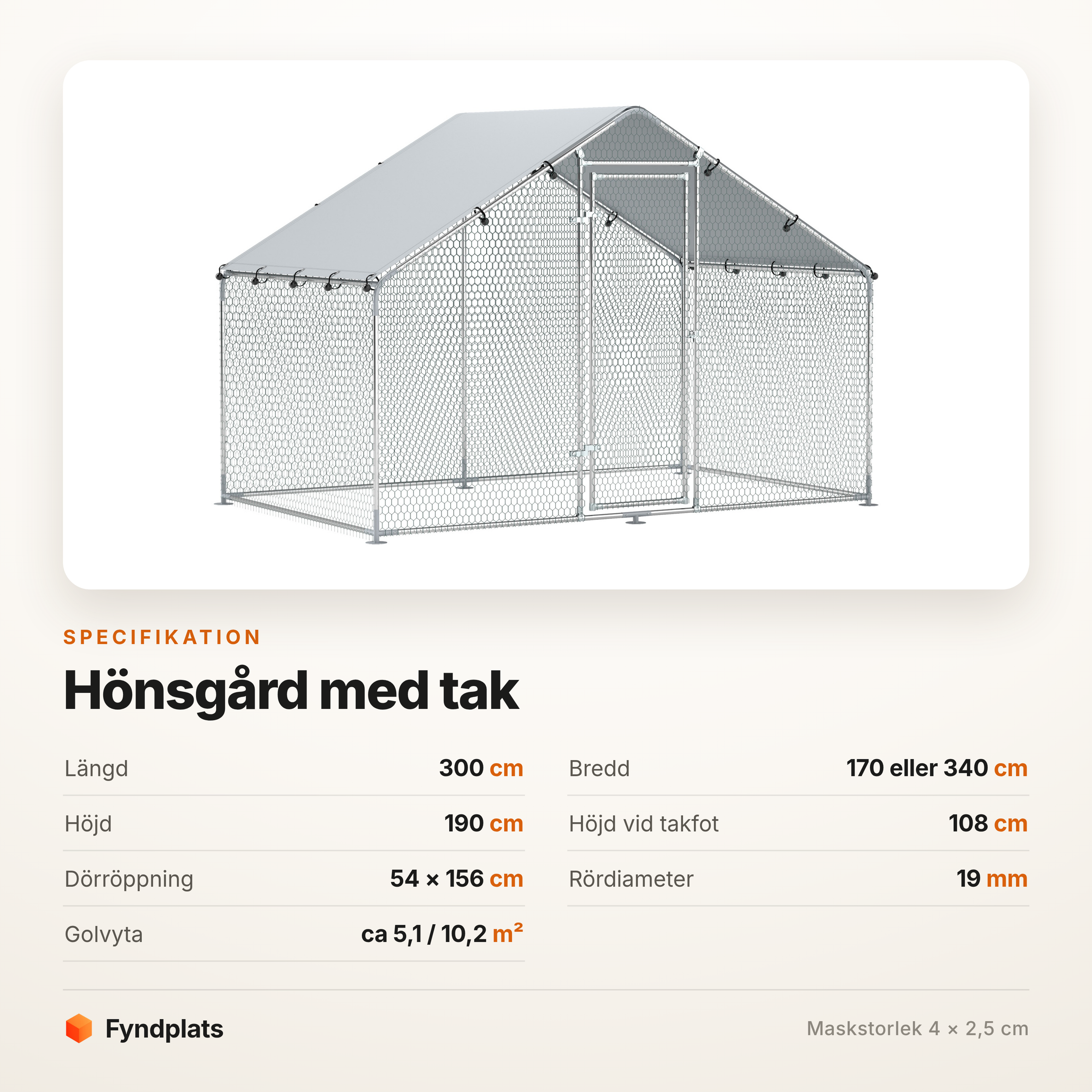 Fyndplats specifikationskort för hönsgård med tak: 300 cm lång, 170 eller 340 cm bred, 190 cm hög, dörröppning 54 × 156 cm, rör 19 mm, 5,1 eller 10,2 m² golvyta.