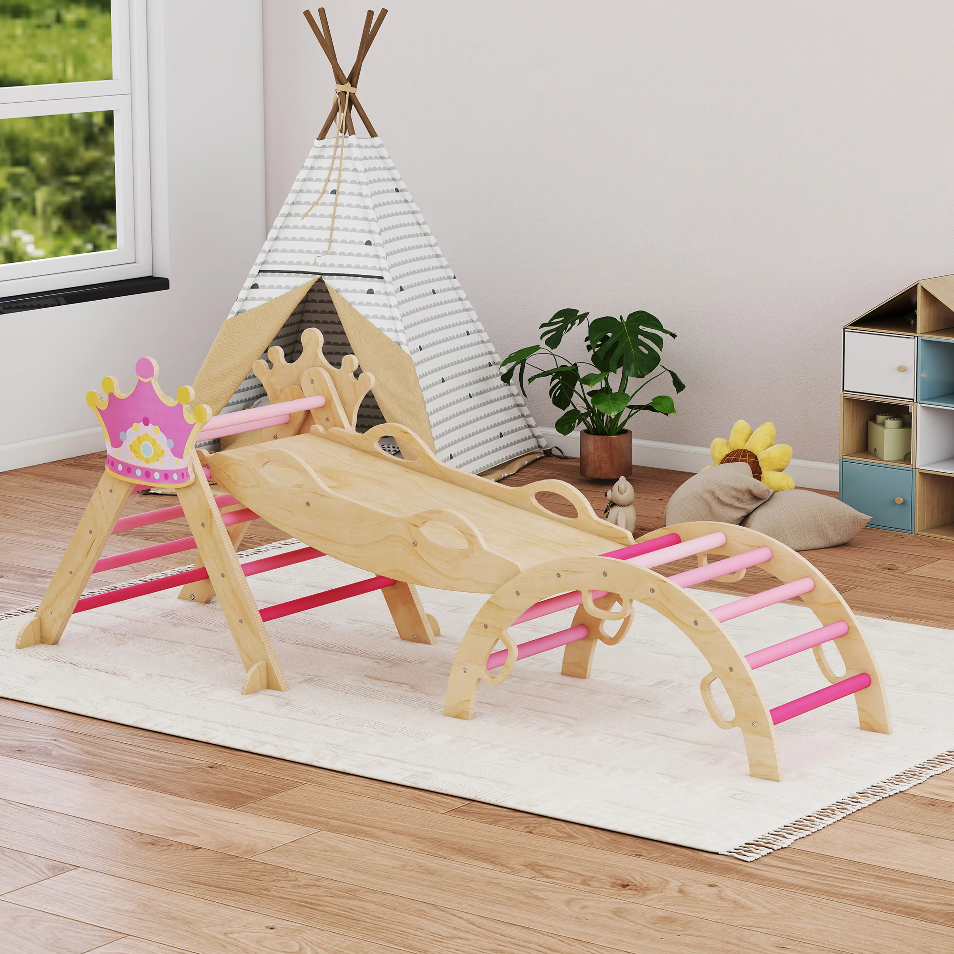 Klättersetet i ett barnrum med ett tipi i bakgrunden