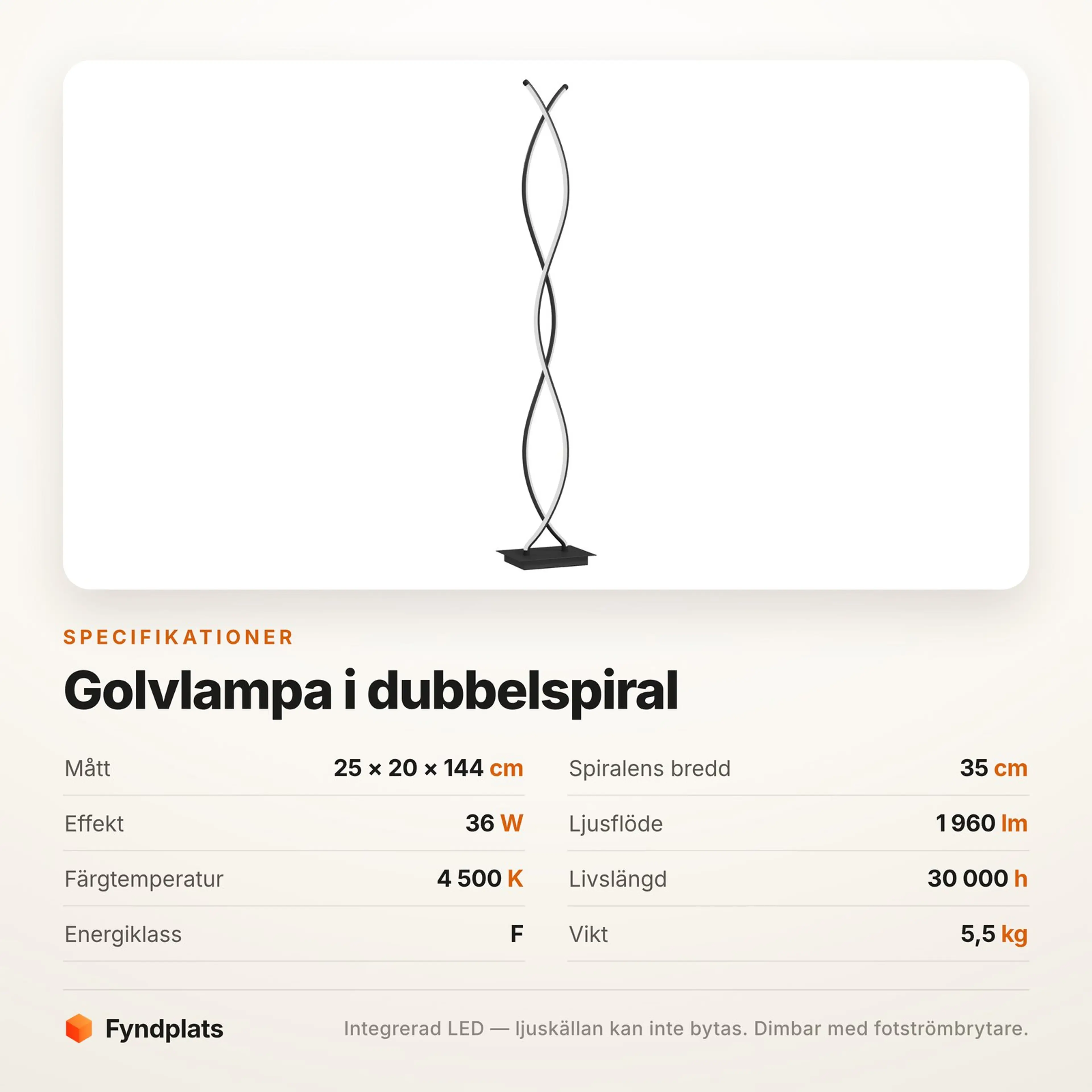 Fyndplats specifikationskort med lampans mått, effekt och färgtemperatur