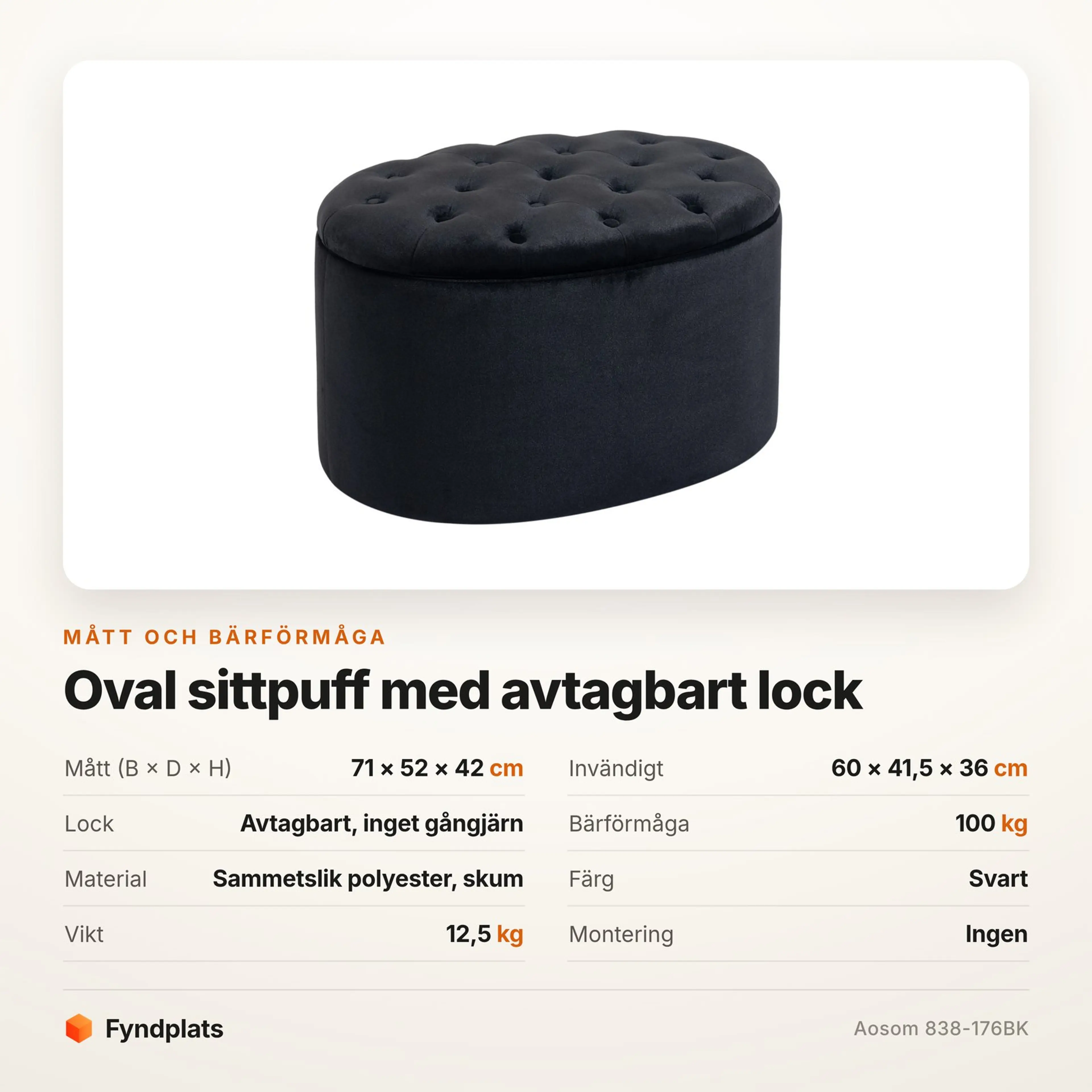 Fyndplats specifikationskort för den ovala sittpuffen med mått och bärförmåga