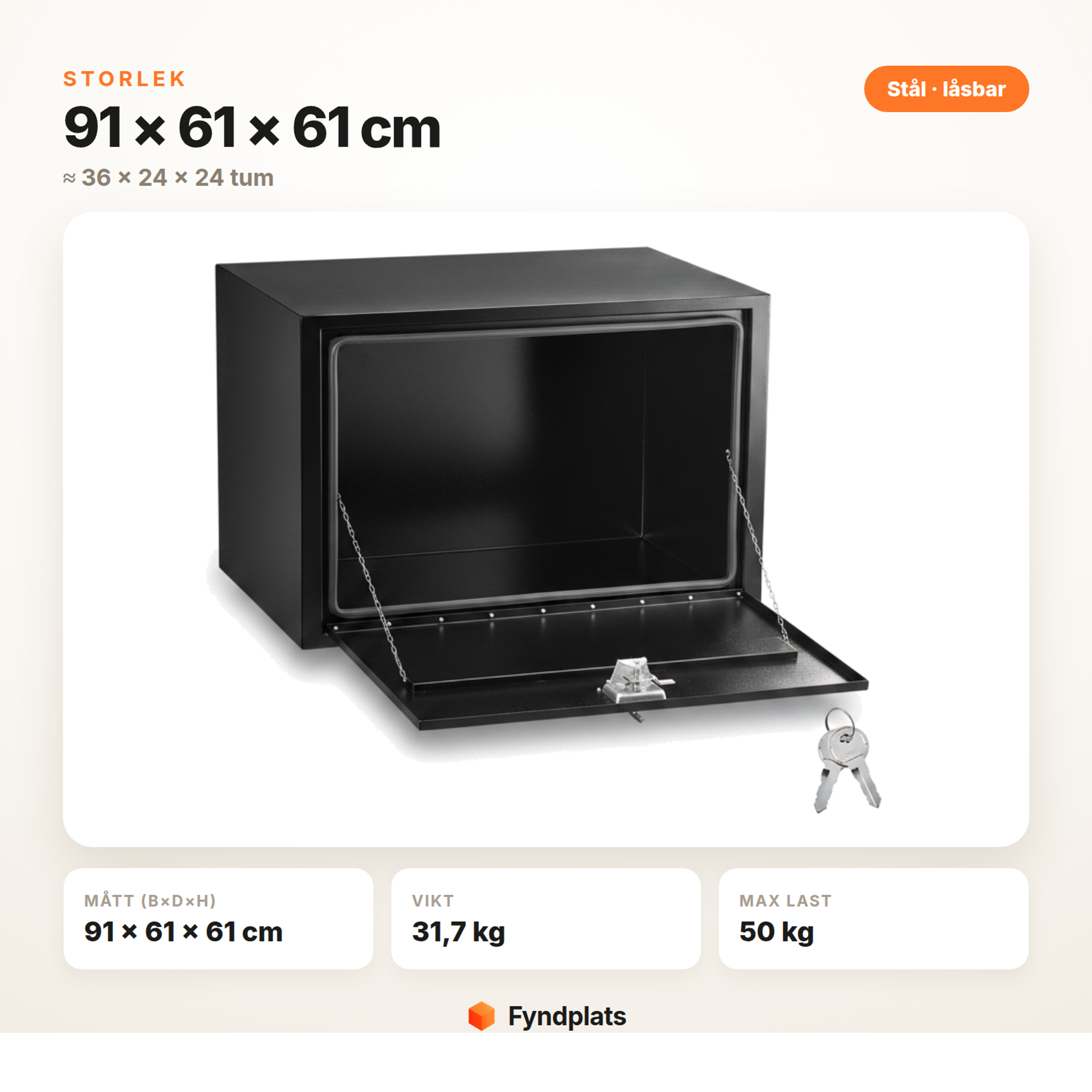 Verktygslåda för lastbil, storlek 91 × 61 × 61 cm – mått, vikt och max last