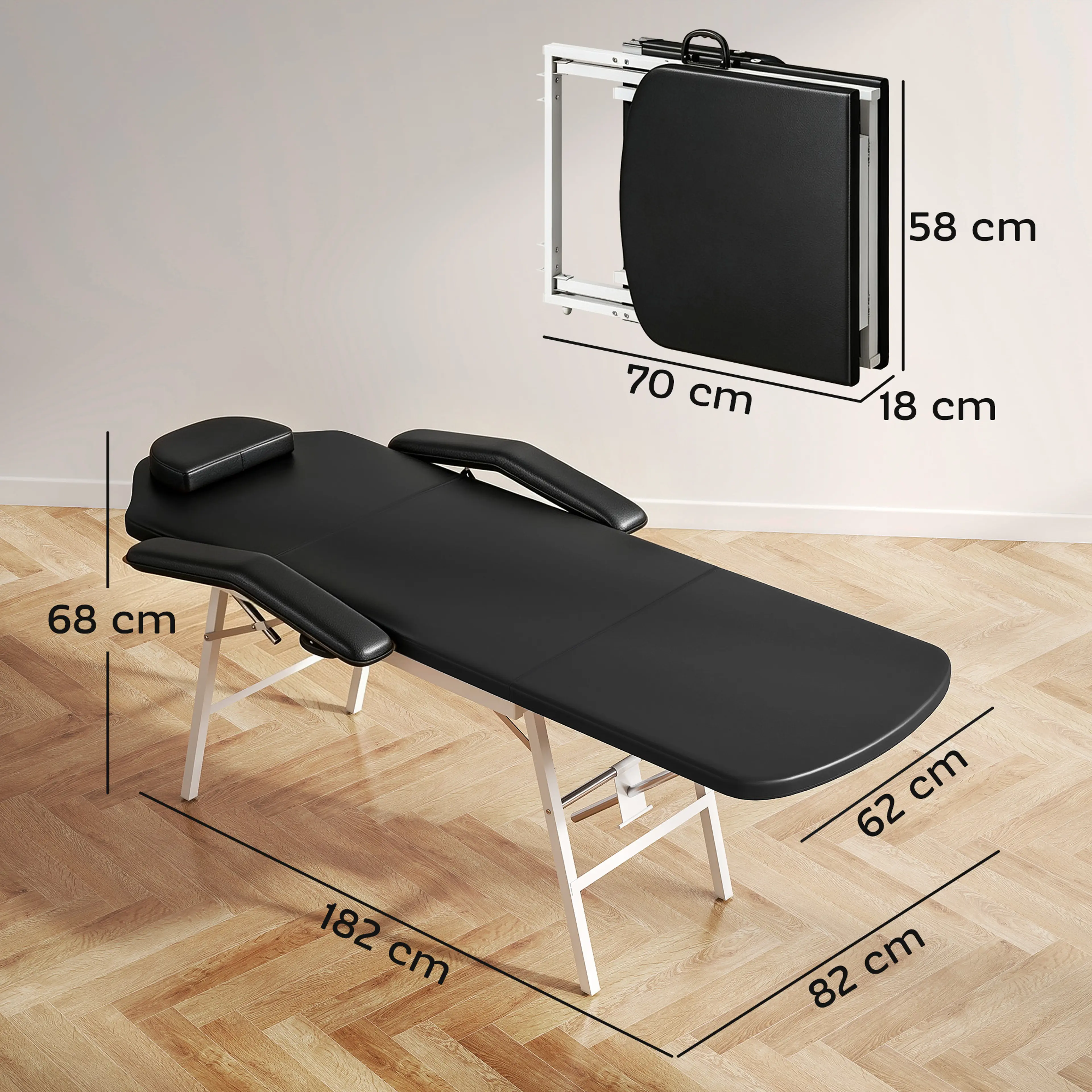 Måttbild: bänken är 182 cm lång, 82 cm bred och 68 cm hög med 62 cm bred liggyta, och hopfälld 70 × 58 × 18 cm