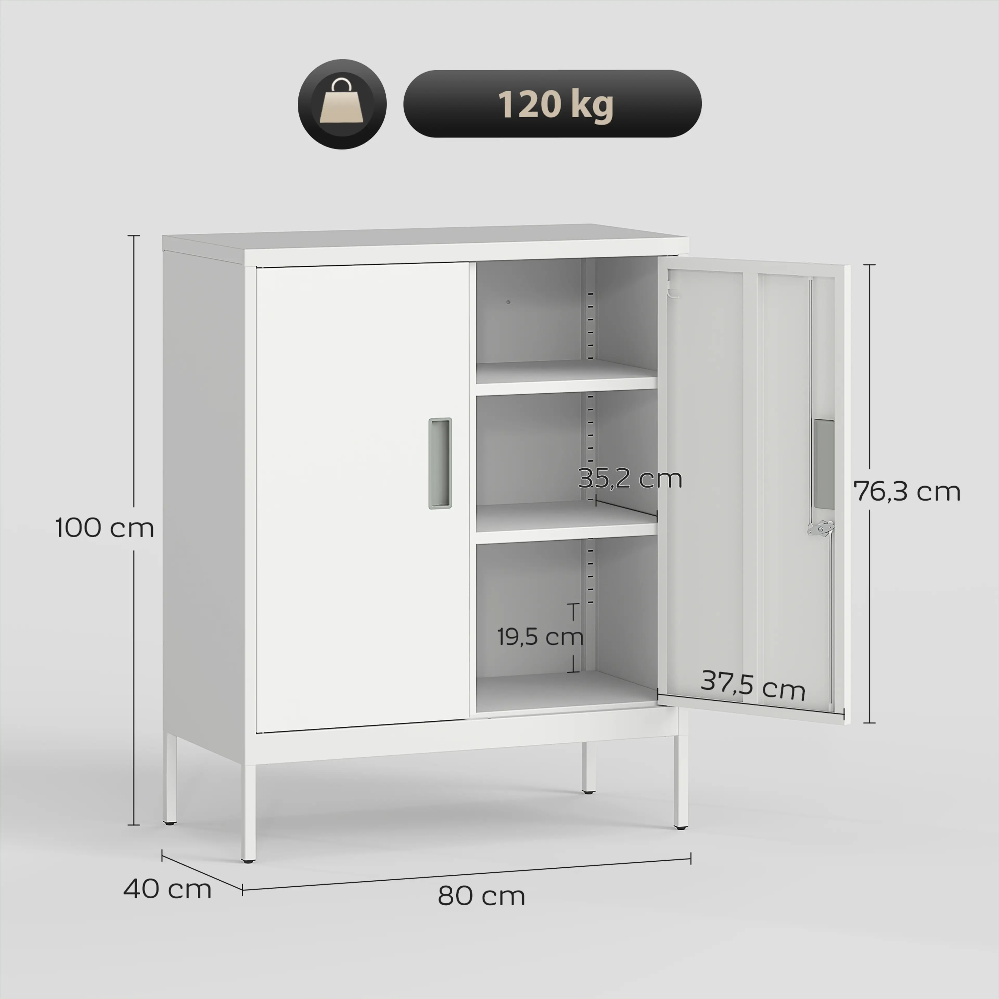 Måttbild: plåtskåpet är 80 cm brett, 40 cm djupt och 100 cm högt, med två hyllplan invändigt
