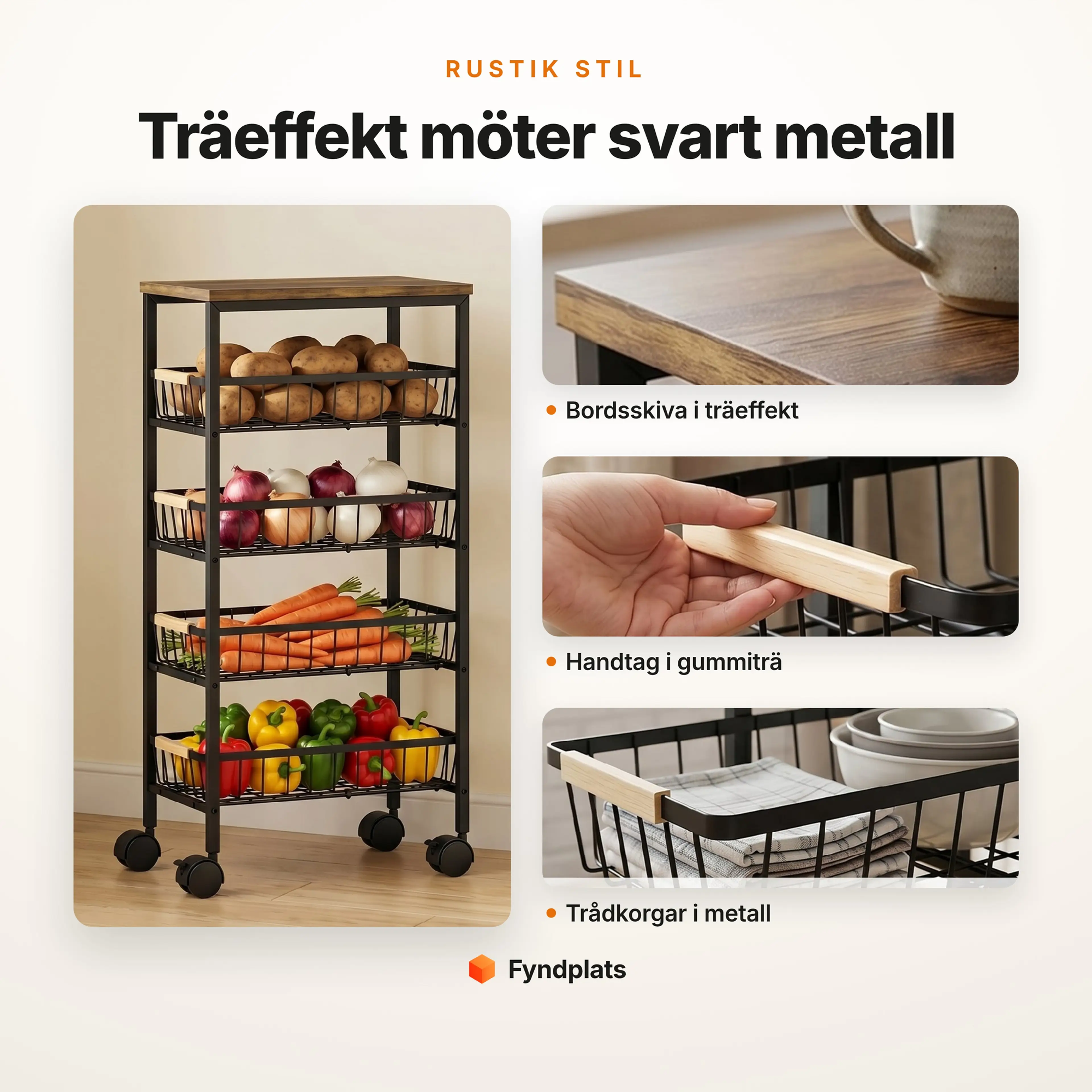 Rullvagn med korgar i rustik stil – bordsskiva i träeffekt, handtag i gummiträ och trådkorgar i metall