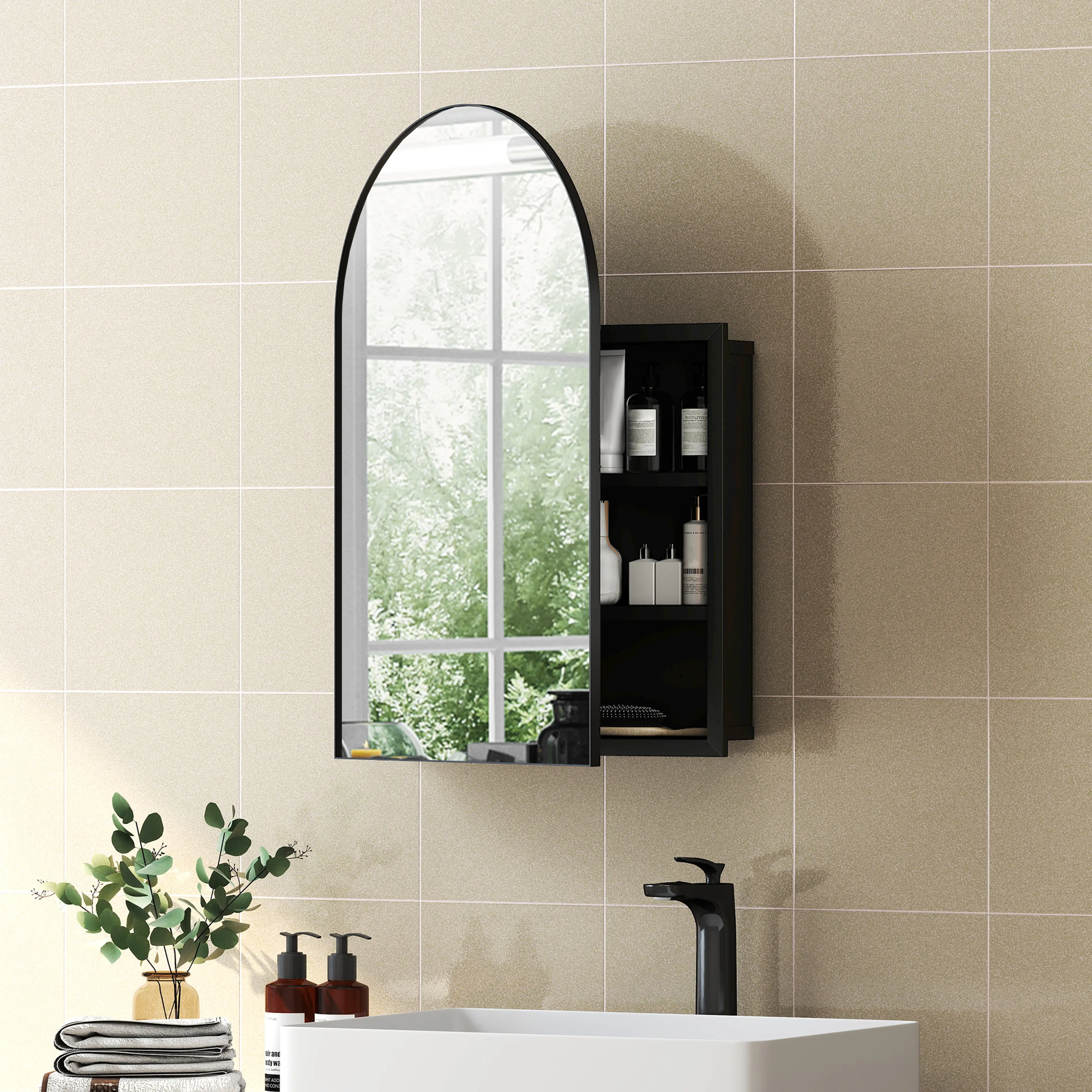 Spegelskåp bågformat 50 × 76 cm – svart metall – bild 3