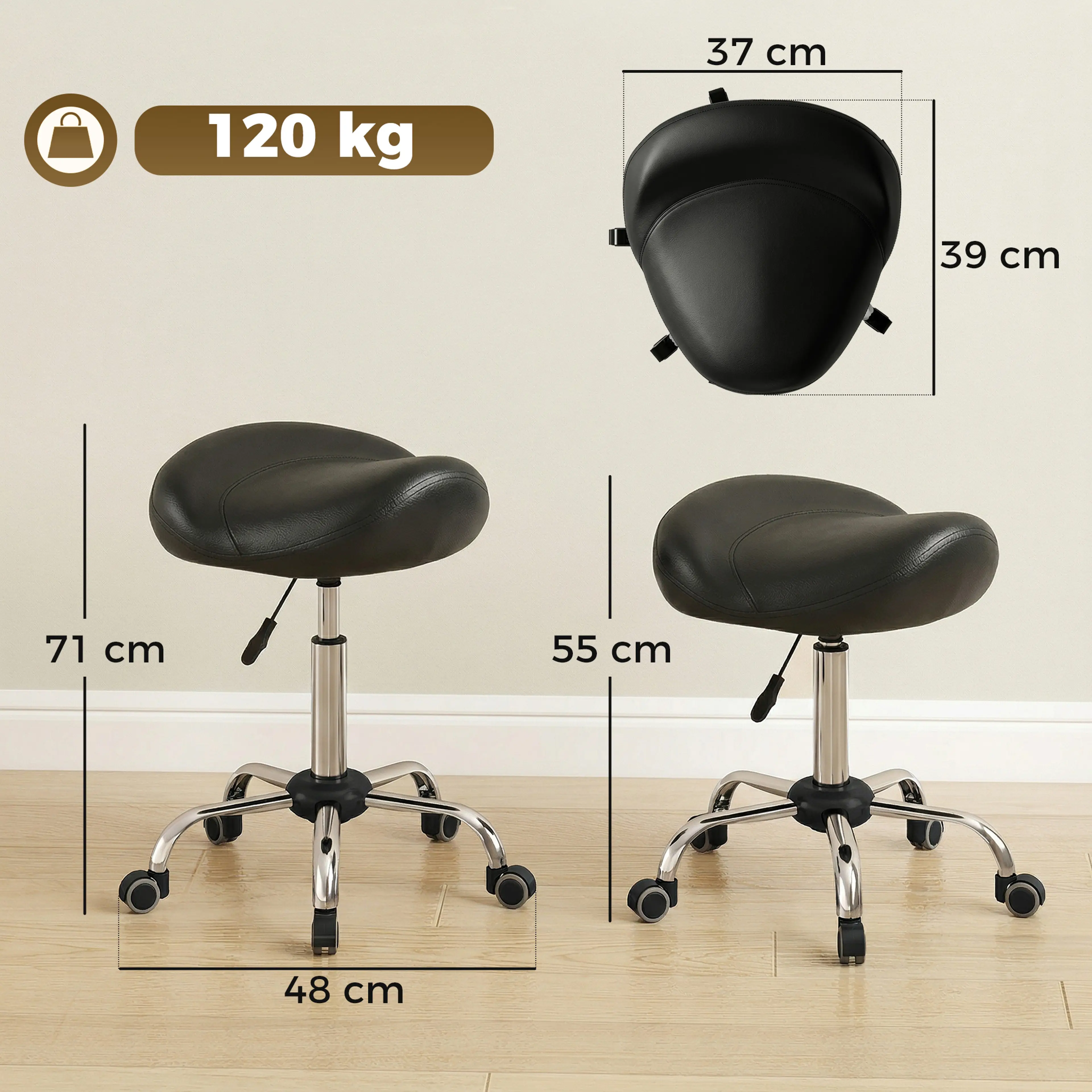 Måttbild som visar sitthöjden 55–71 cm, sitsen 37 × 39 cm och belastningen 120 kg