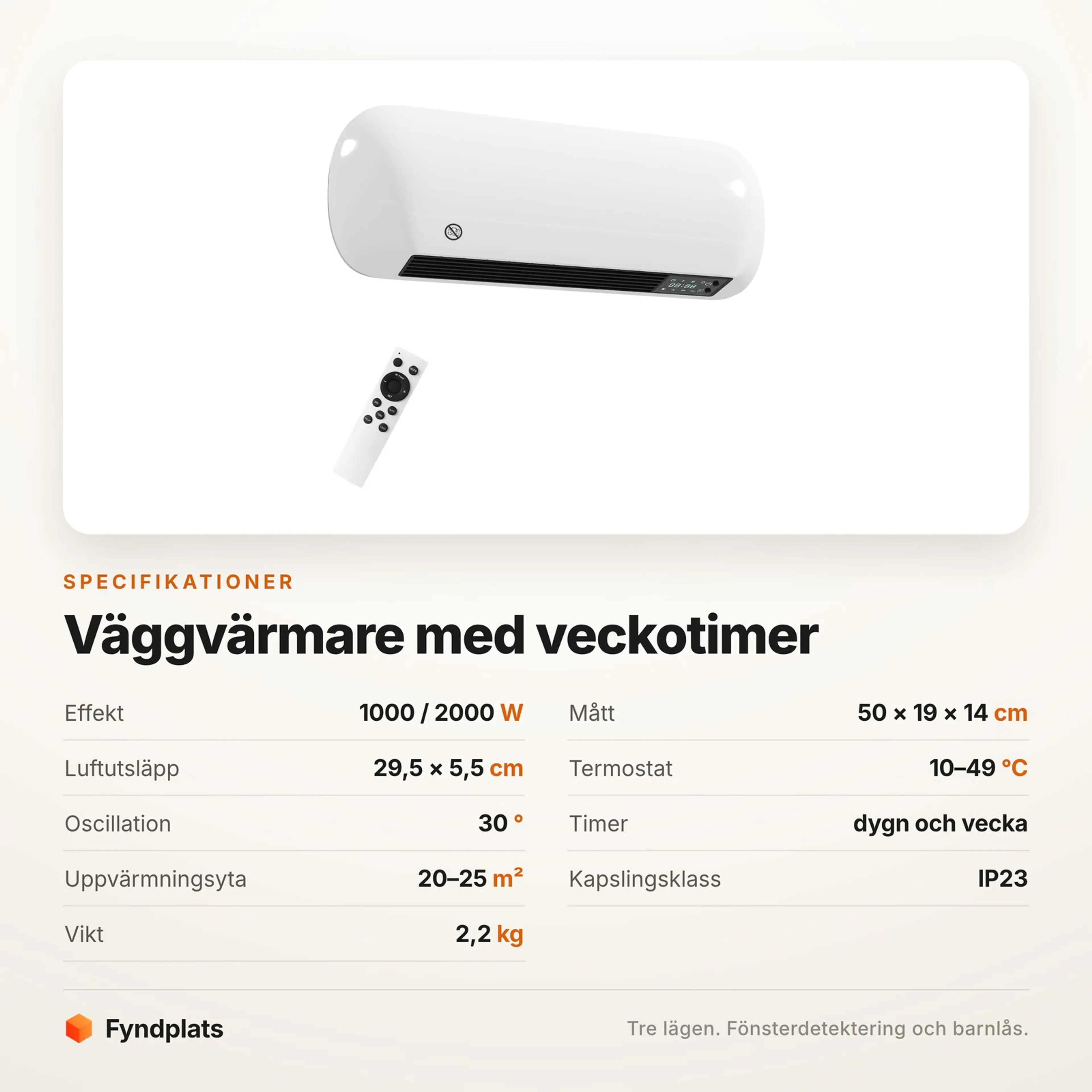 Specifikationer för väggvärmaren: effekt, mått, termostat och timer