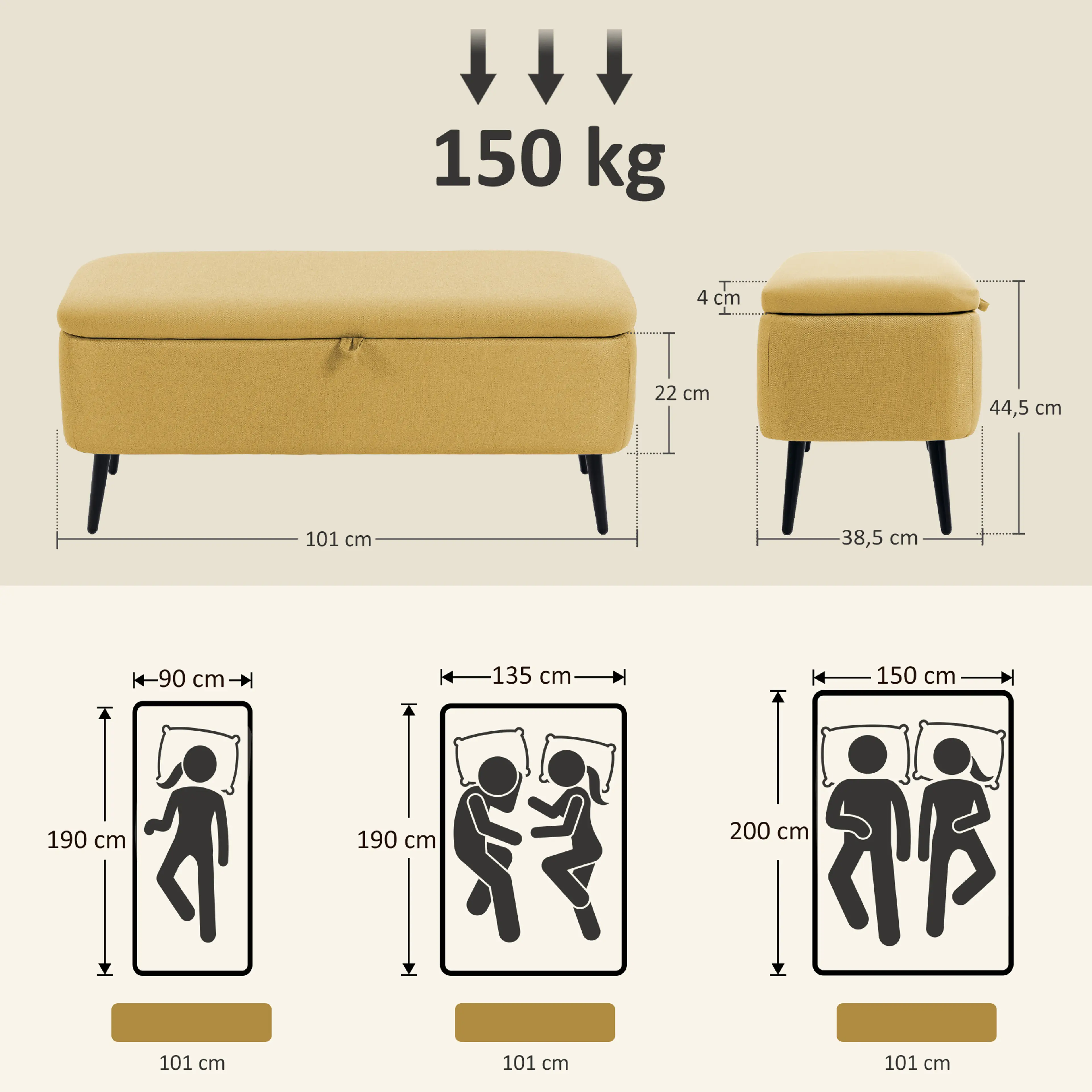 Måttskiss: bänken 101 cm lång, 38,5 cm djup och 44,5 cm hög