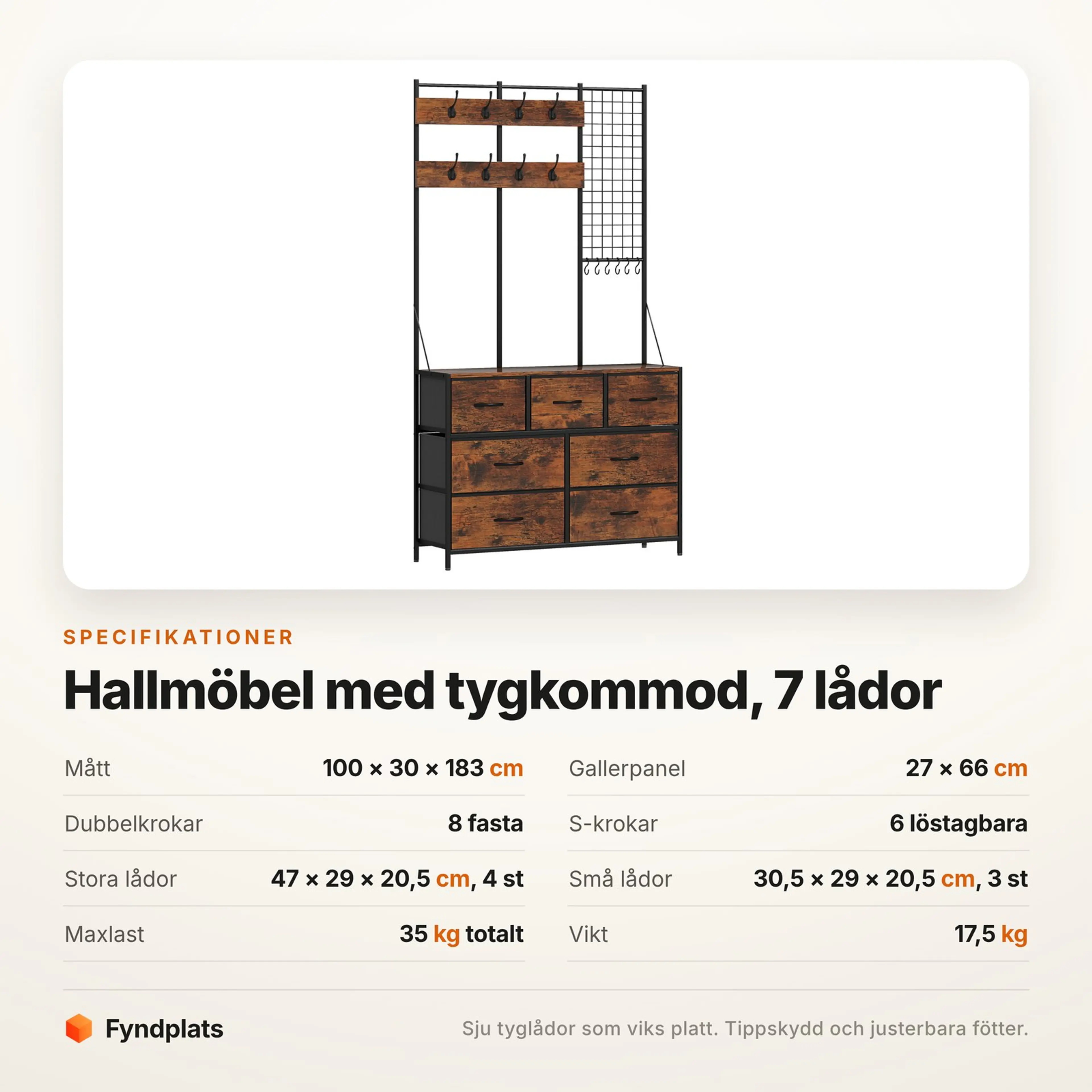 Fyndplats specifikationskort med hallmöbelns mått, lådor och krokar