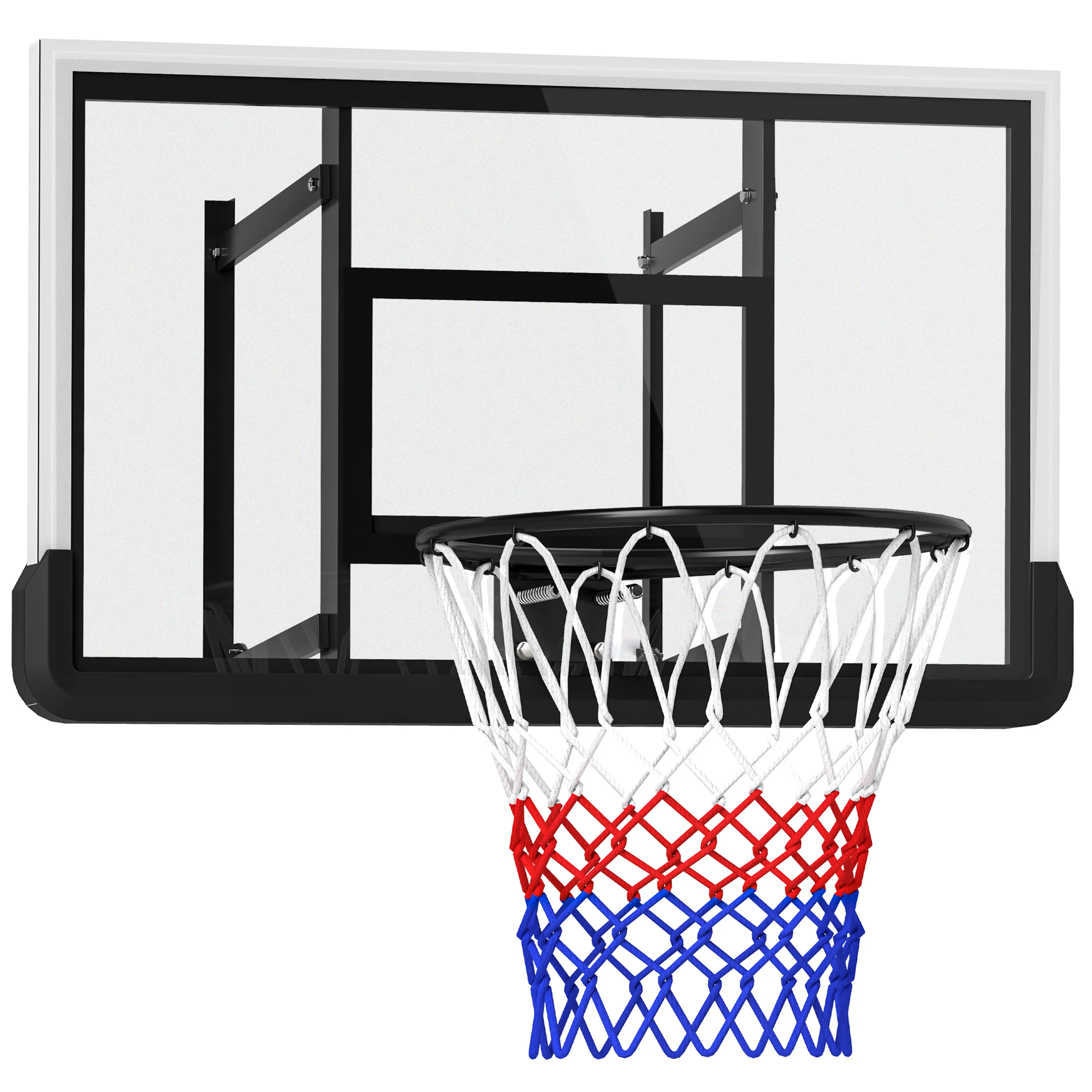Basketkorg med genomskinlig ryggskiva, svart ram och nät i vitt, rött och blått