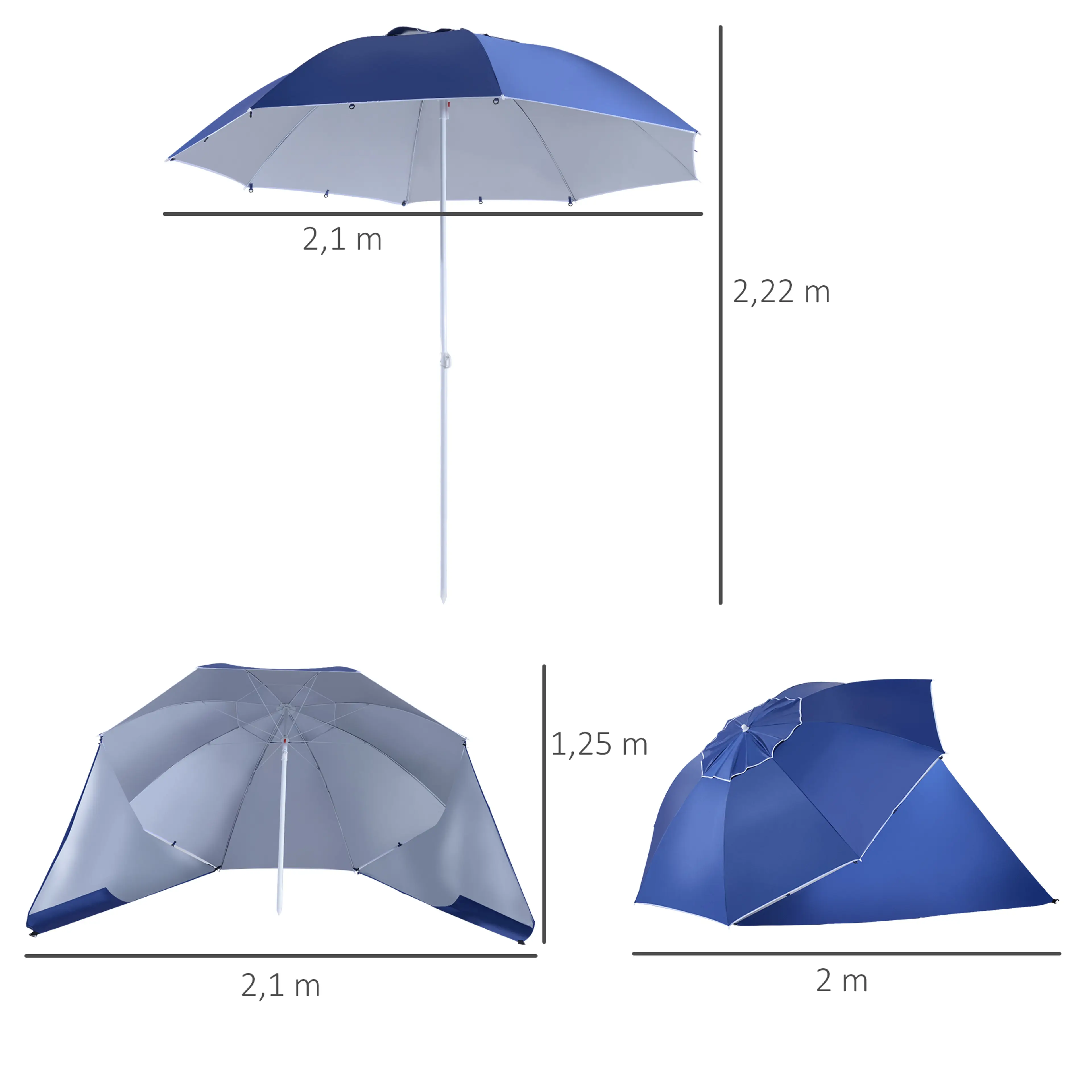 Parasollets mått: 2,1 m diameter, 2,22 m högt och 1,25 m sidohöjd