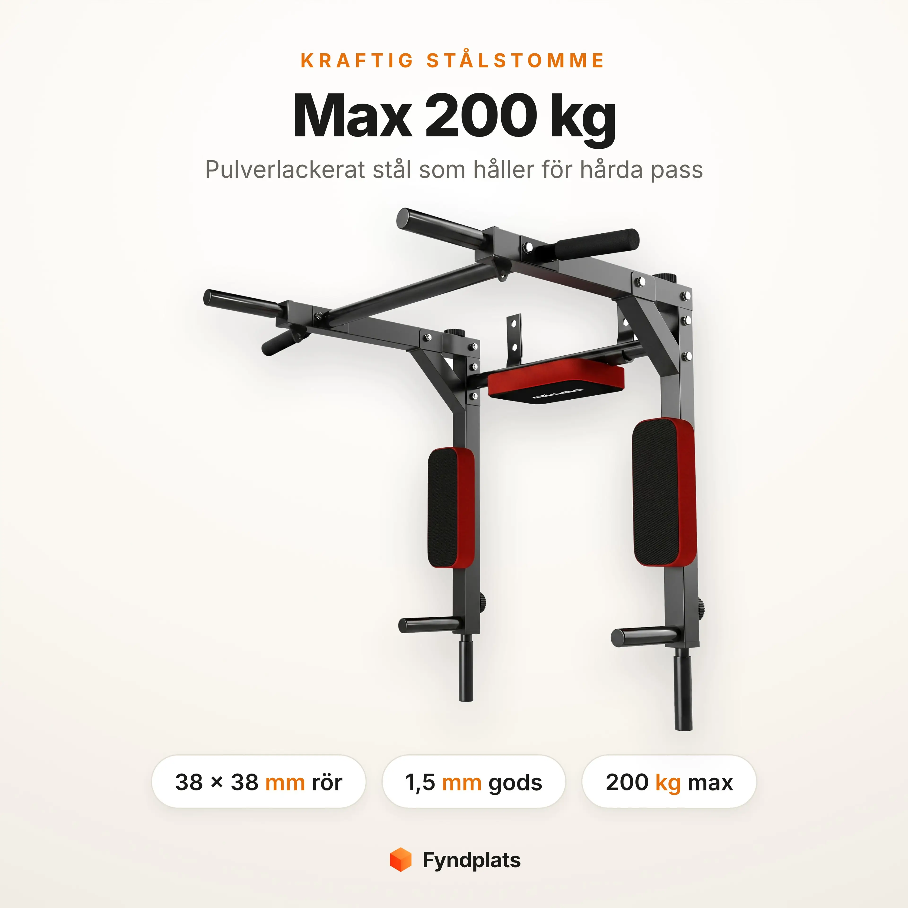 Kraftig stålstomme med 38 × 38 mm rör, 1,5 mm gods och maxbelastning 200 kg
