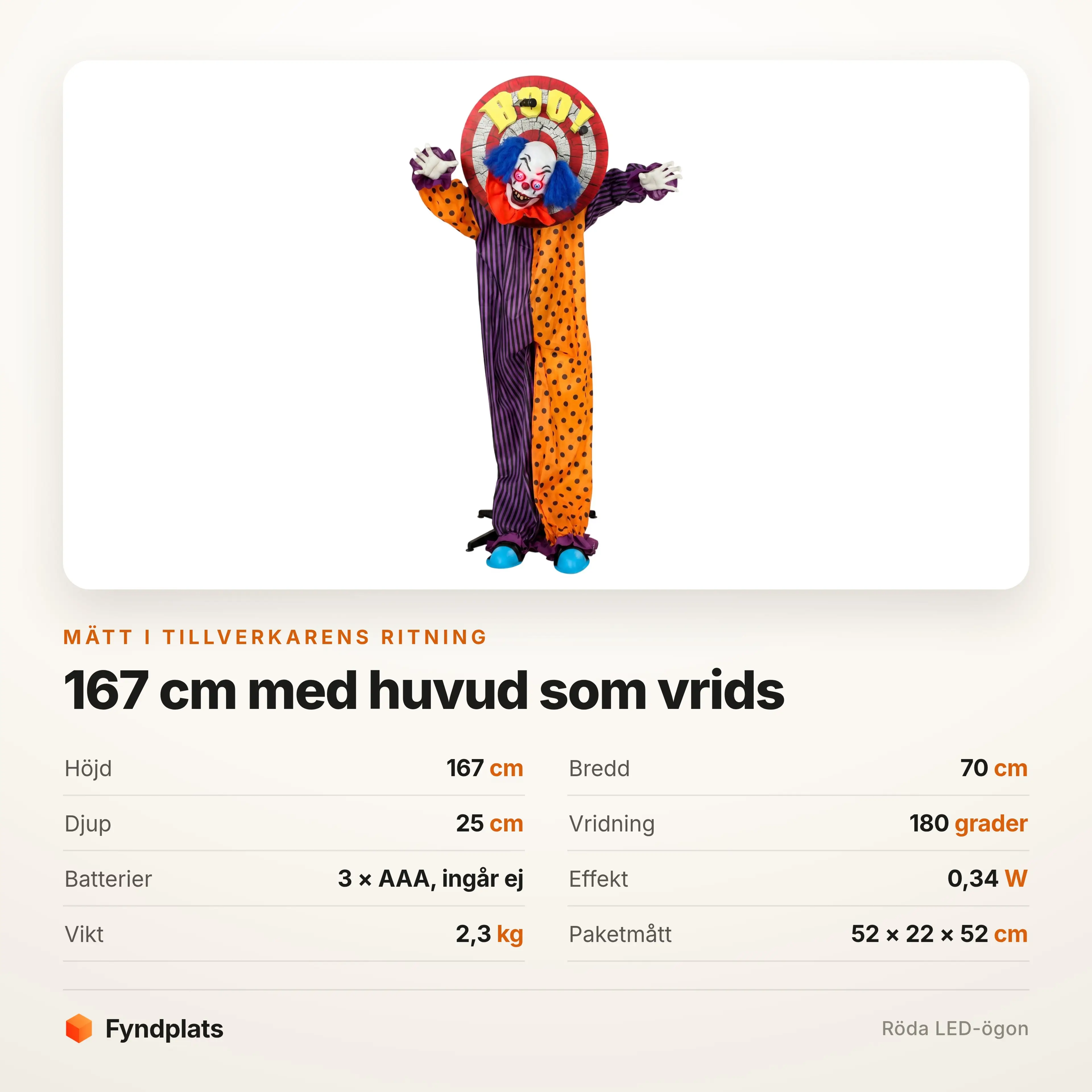 Specifikationer: 167 cm hög, huvudet vrids 180 grader, 3 × AAA