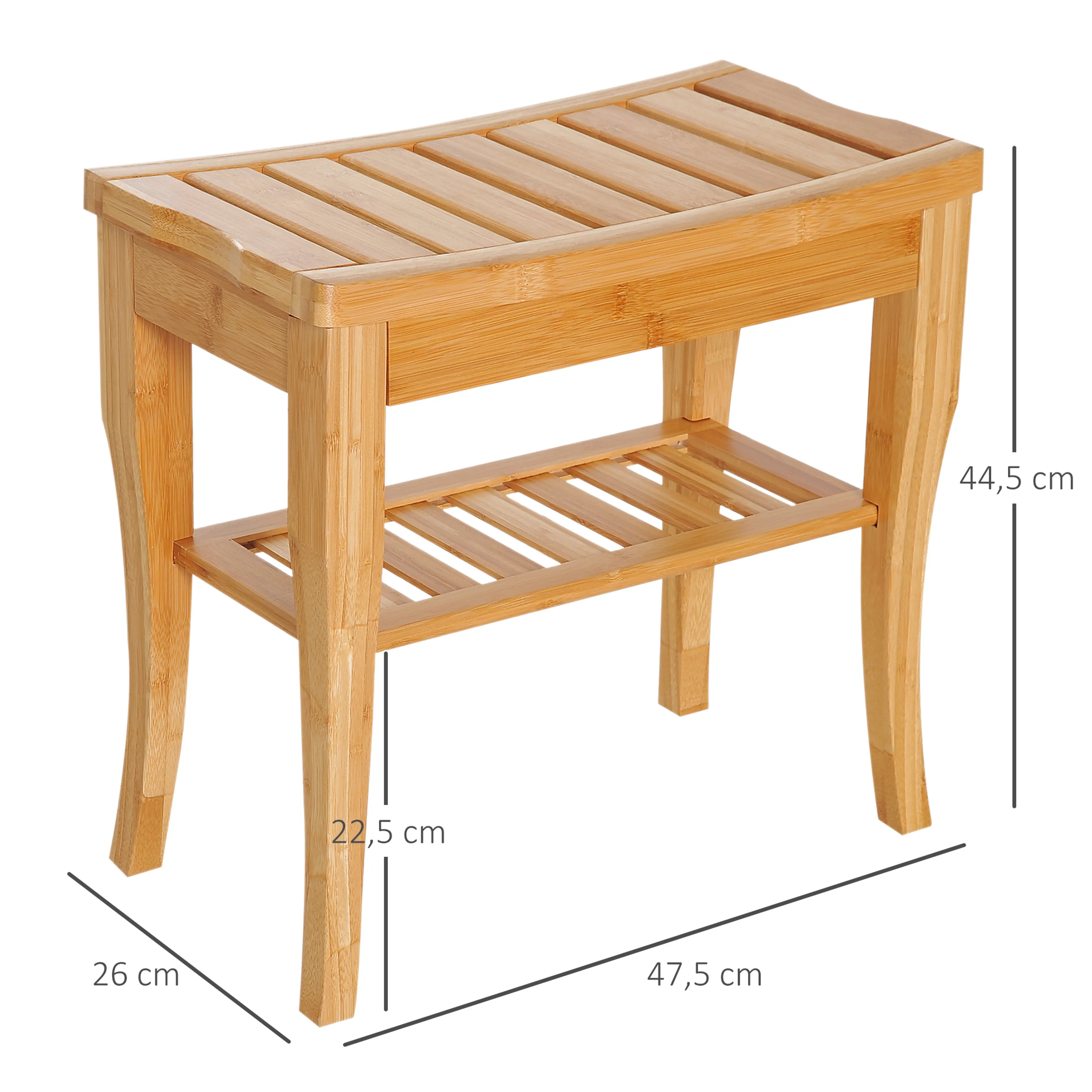 Måttbild: pallen är 47,5 cm bred, 26 cm djup och 44,5 cm hög
