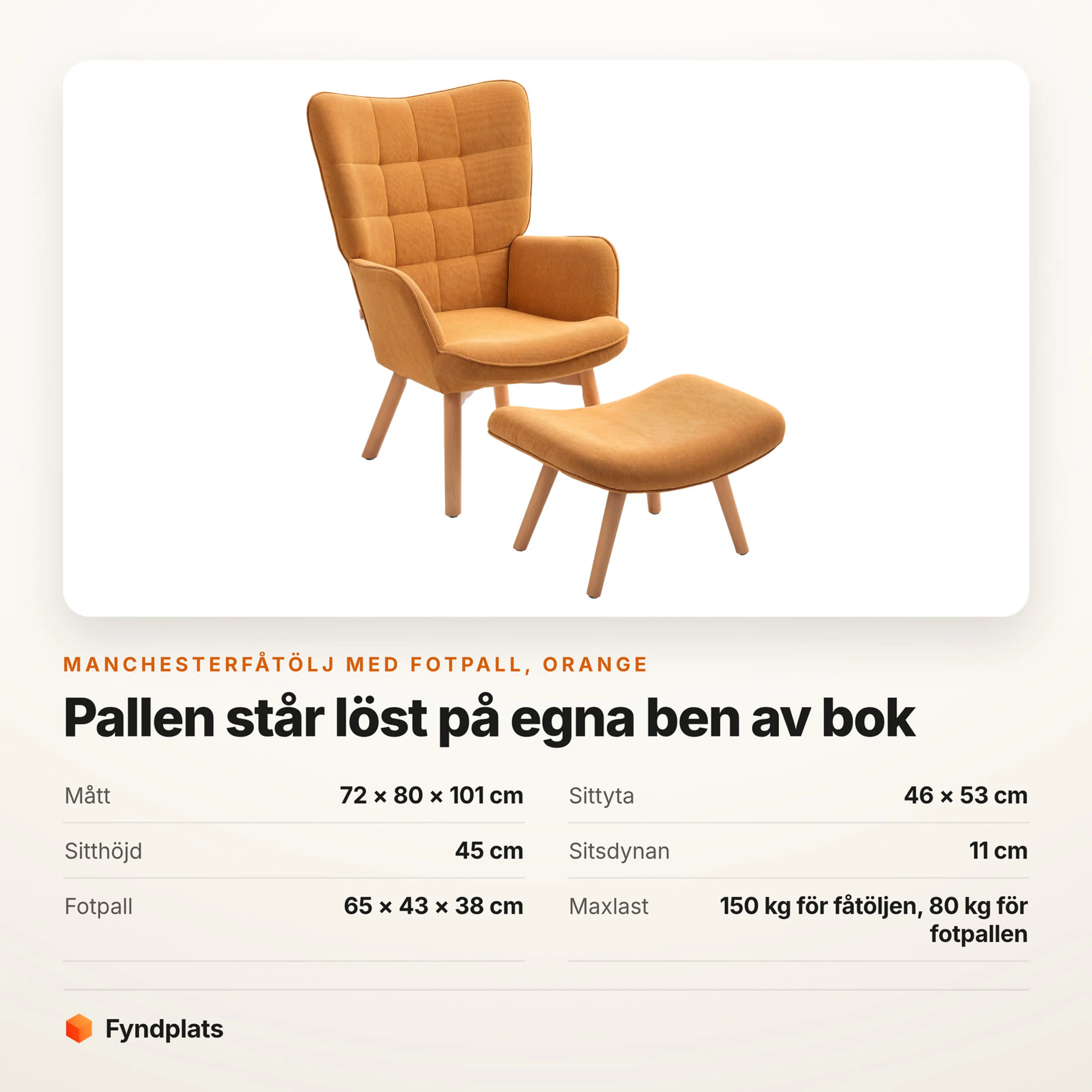 Manchesterfåtölj i orange med fotpall – Faktakort med mått, sittyta, sitthöjd, sitsdynans tjocklek, fotpallens mått och maxlast