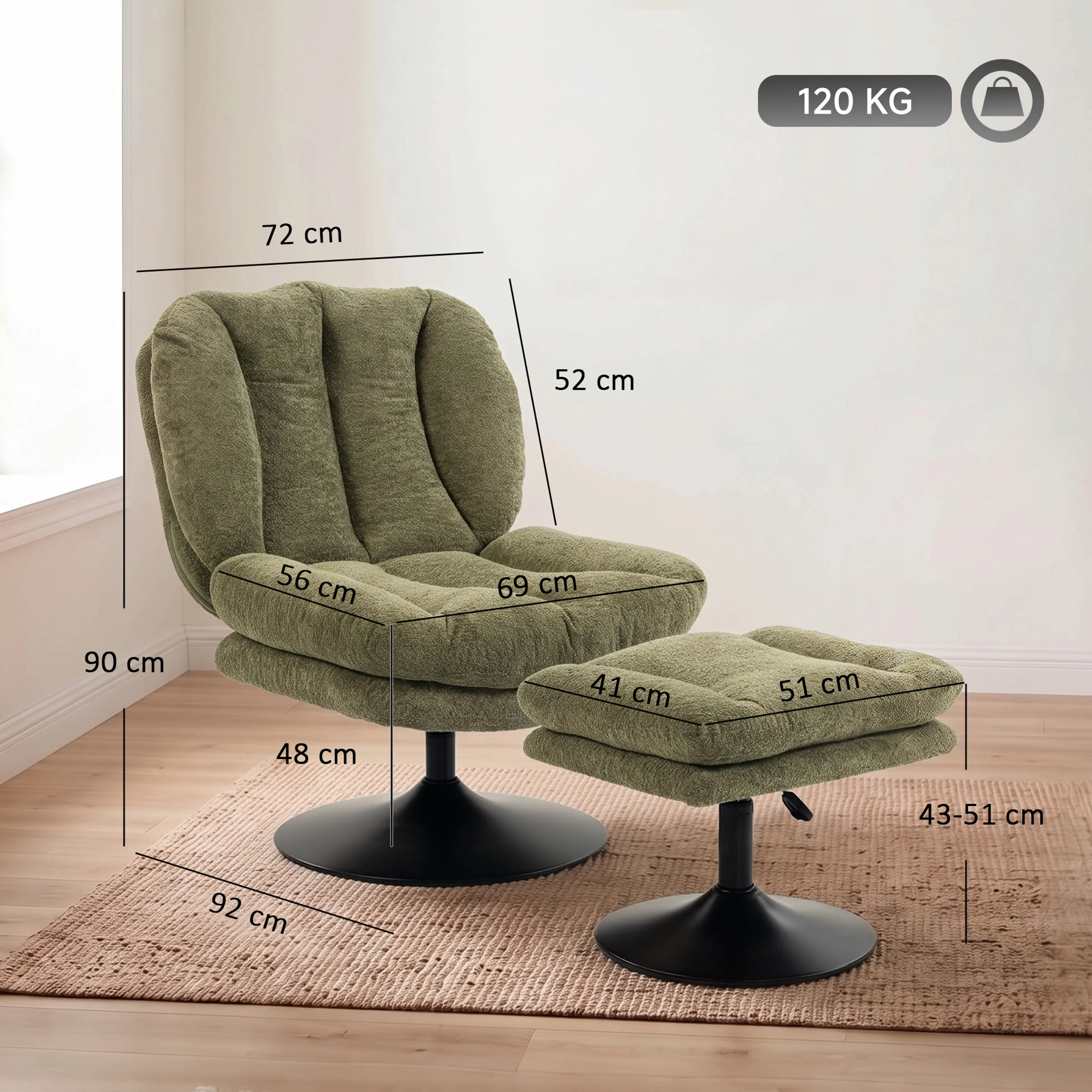 Måttbild: fåtöljen är 72 cm bred, 92 cm djup och 90 cm hög, fotpallen 43–51 cm hög