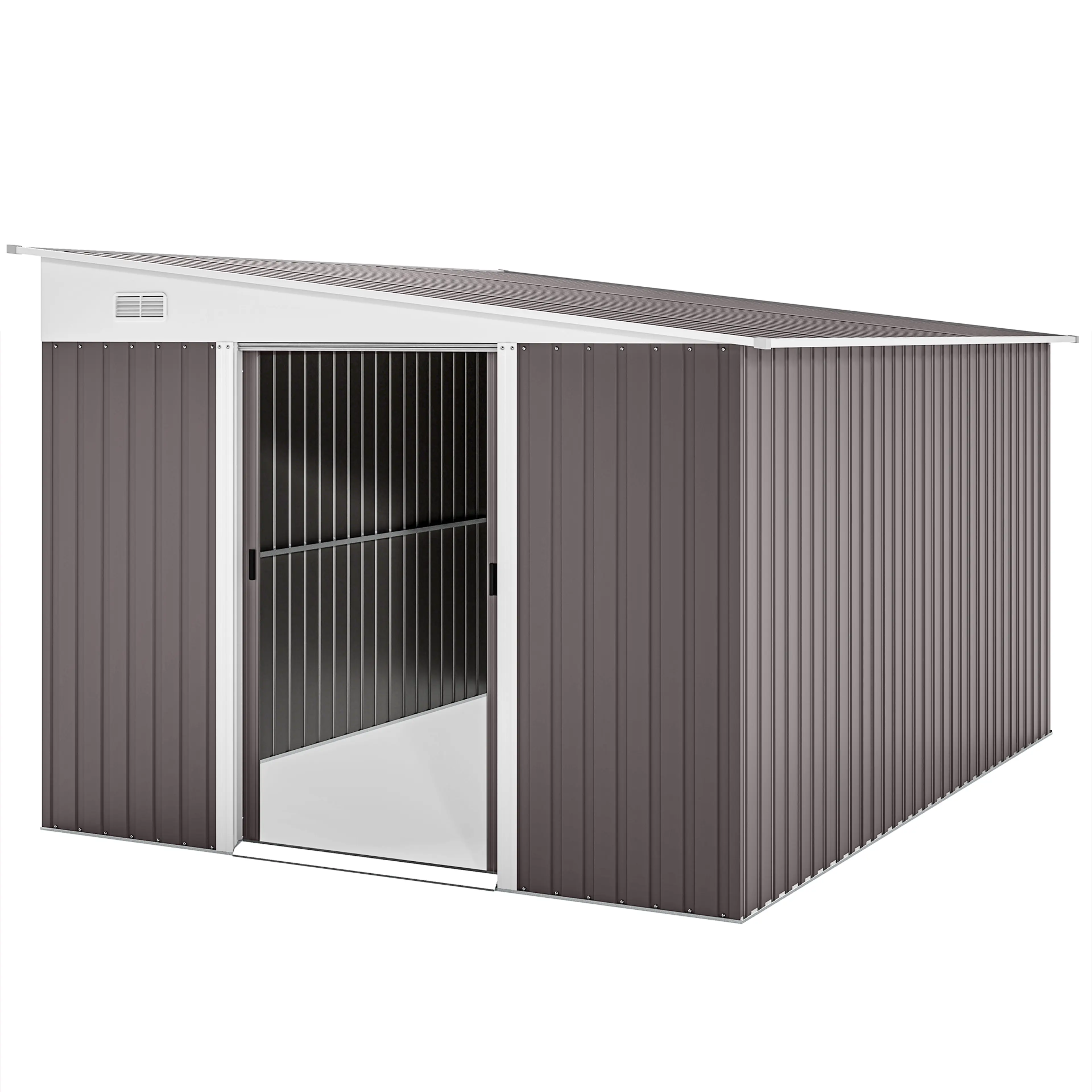 Plåtbod grå 345 × 280 cm – 8,9 m² med dubbla skjutdörrar