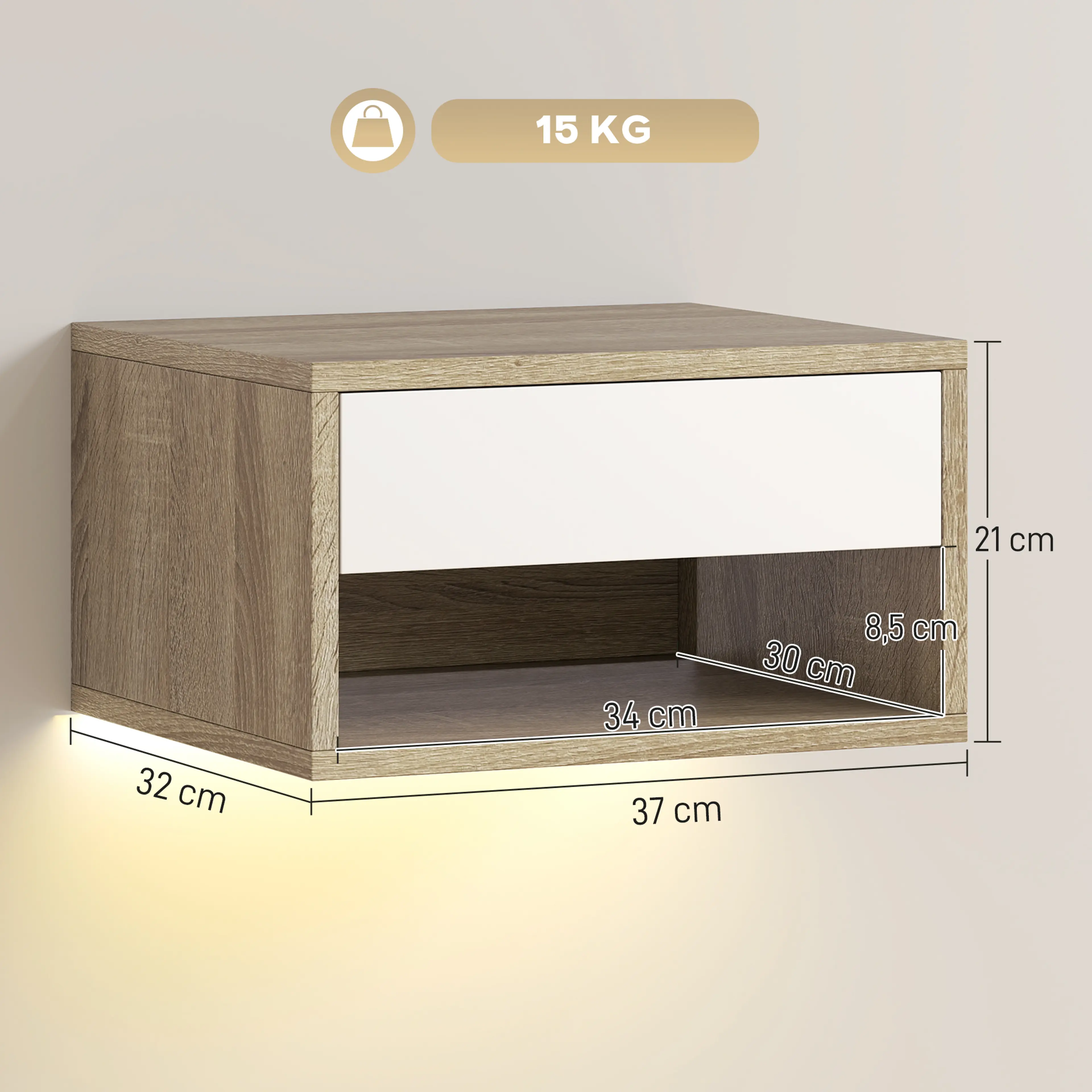 Måttskiss på vägghängt sängbord: 37 cm brett, 32 cm djupt, 21 cm högt, öppet fack 34 x 30 x 8,5 cm och 15 kg maxlast