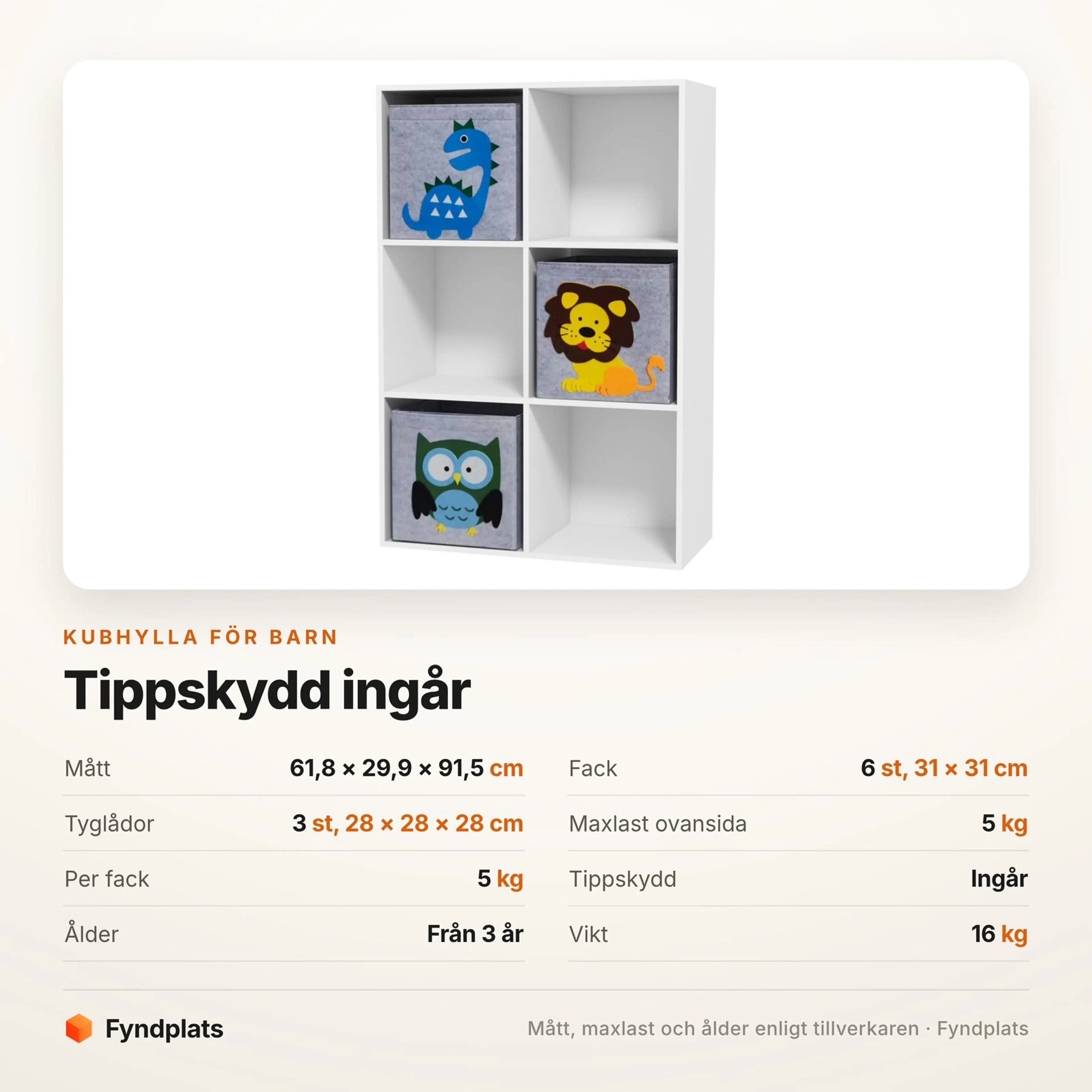 Spec-kort för kubhyllan: 61,8 × 29,9 × 91,5 cm, sex fack och tippskydd