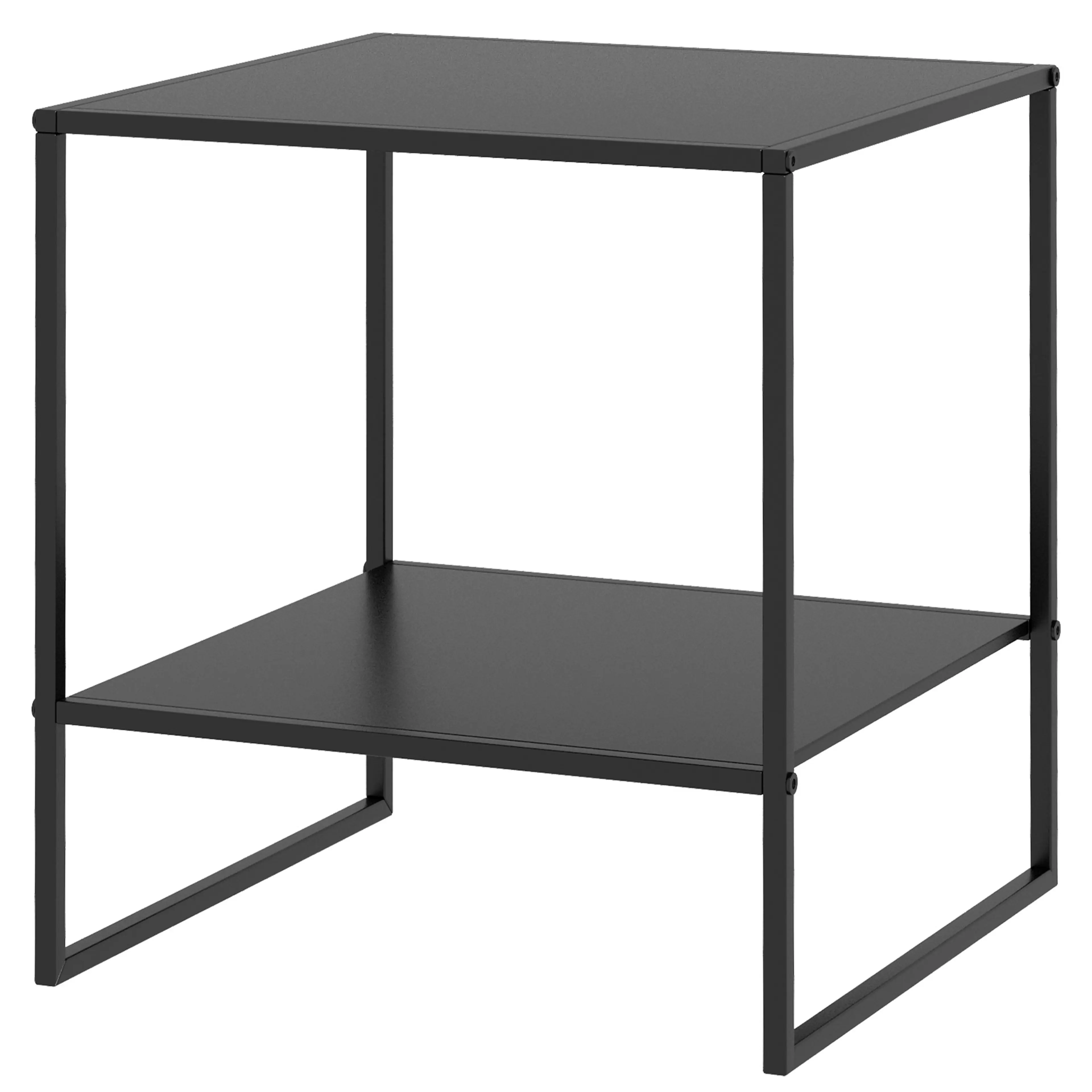 Svart sidobord i stål med skiva och en hylla
