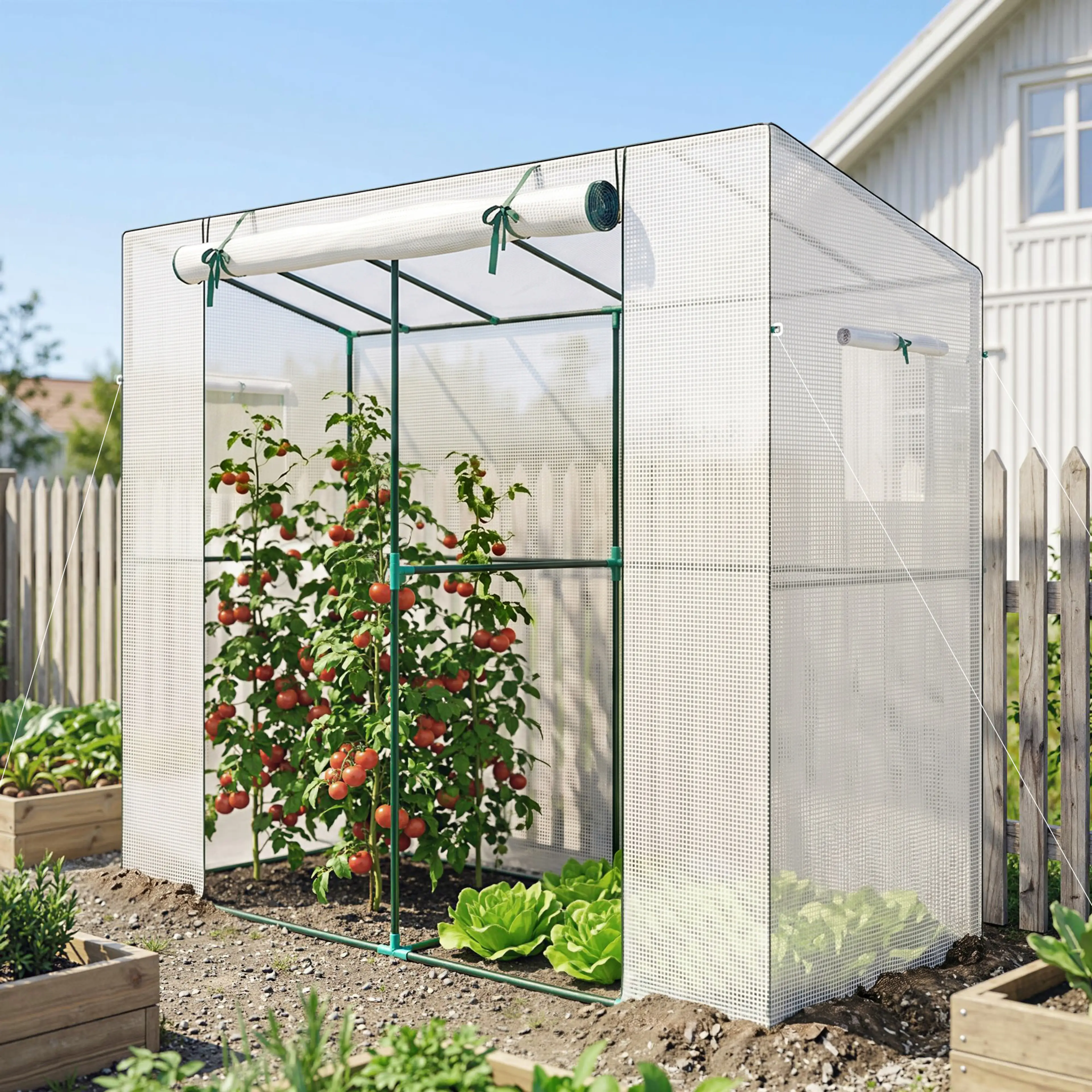 Väggväxthuset mot fasad med upprullad dörr och tomatplantor inuti