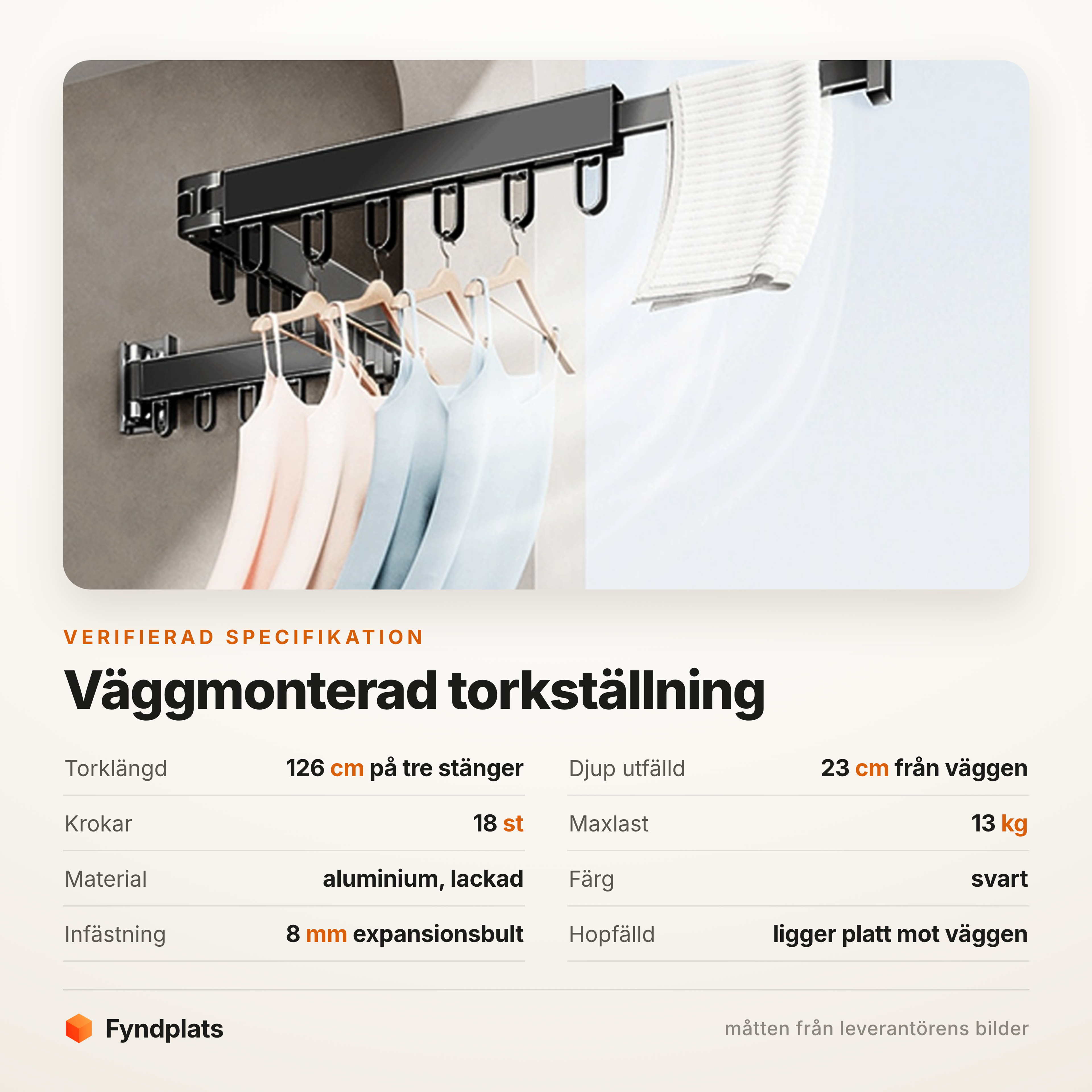 Specifikation: 126 cm torklängd, 23 cm djup, 18 krokar och 13 kg maxlast