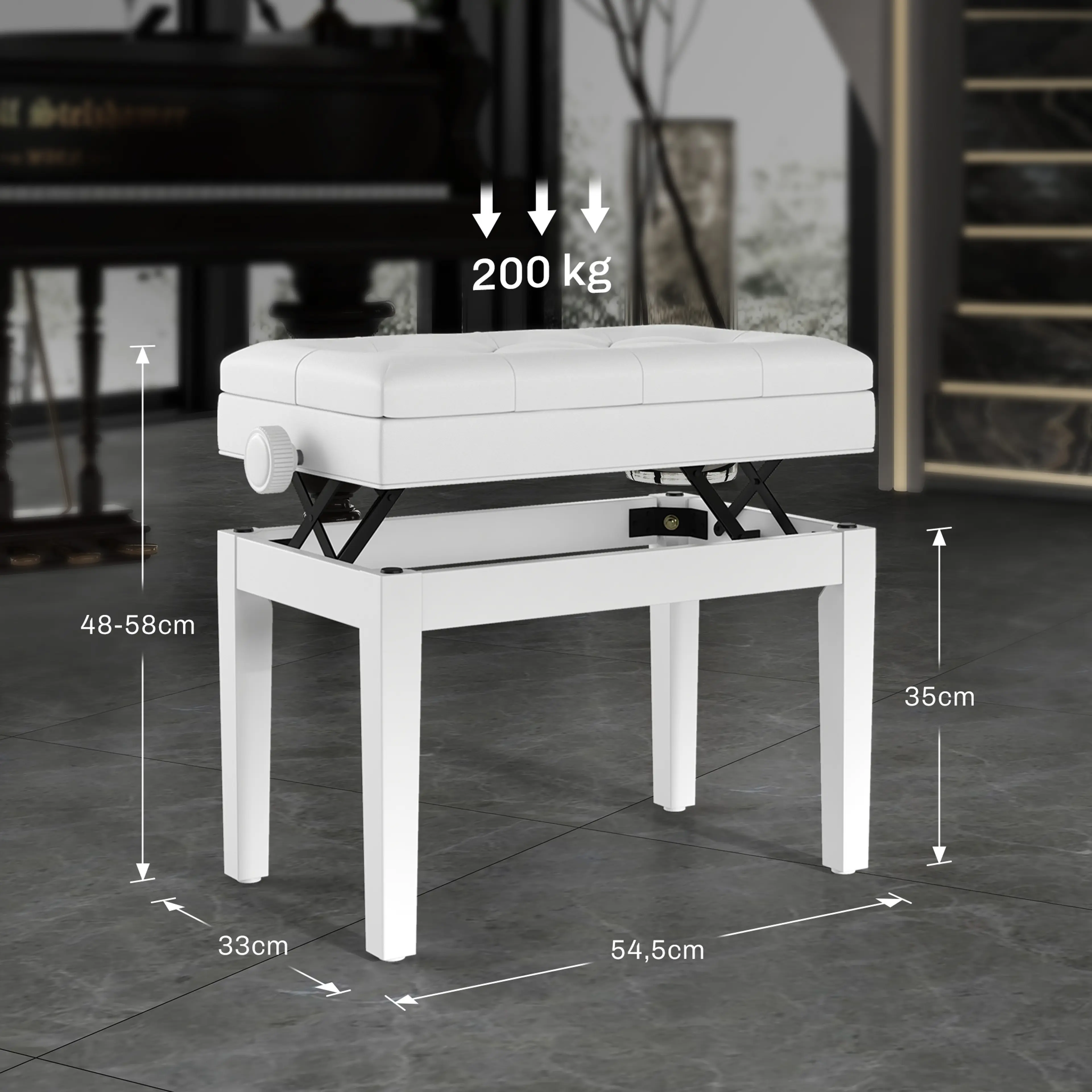 Måttskiss: 54,5 cm bred, 33 cm djup, höjd 48–58 cm och benhöjd 35 cm