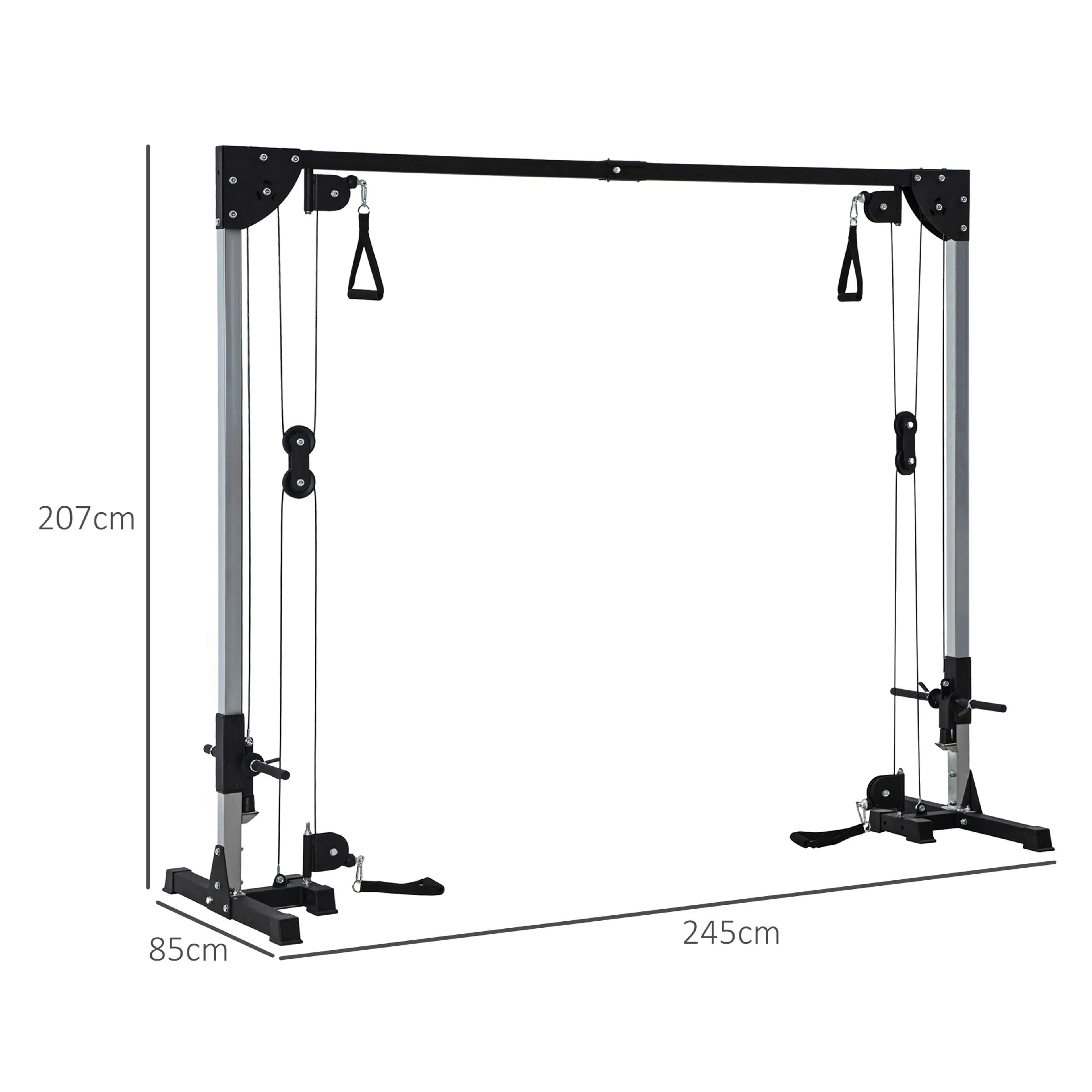 Måttbild: kabelcrossovern är 245 cm bred, 85 cm djup och 207 cm hög