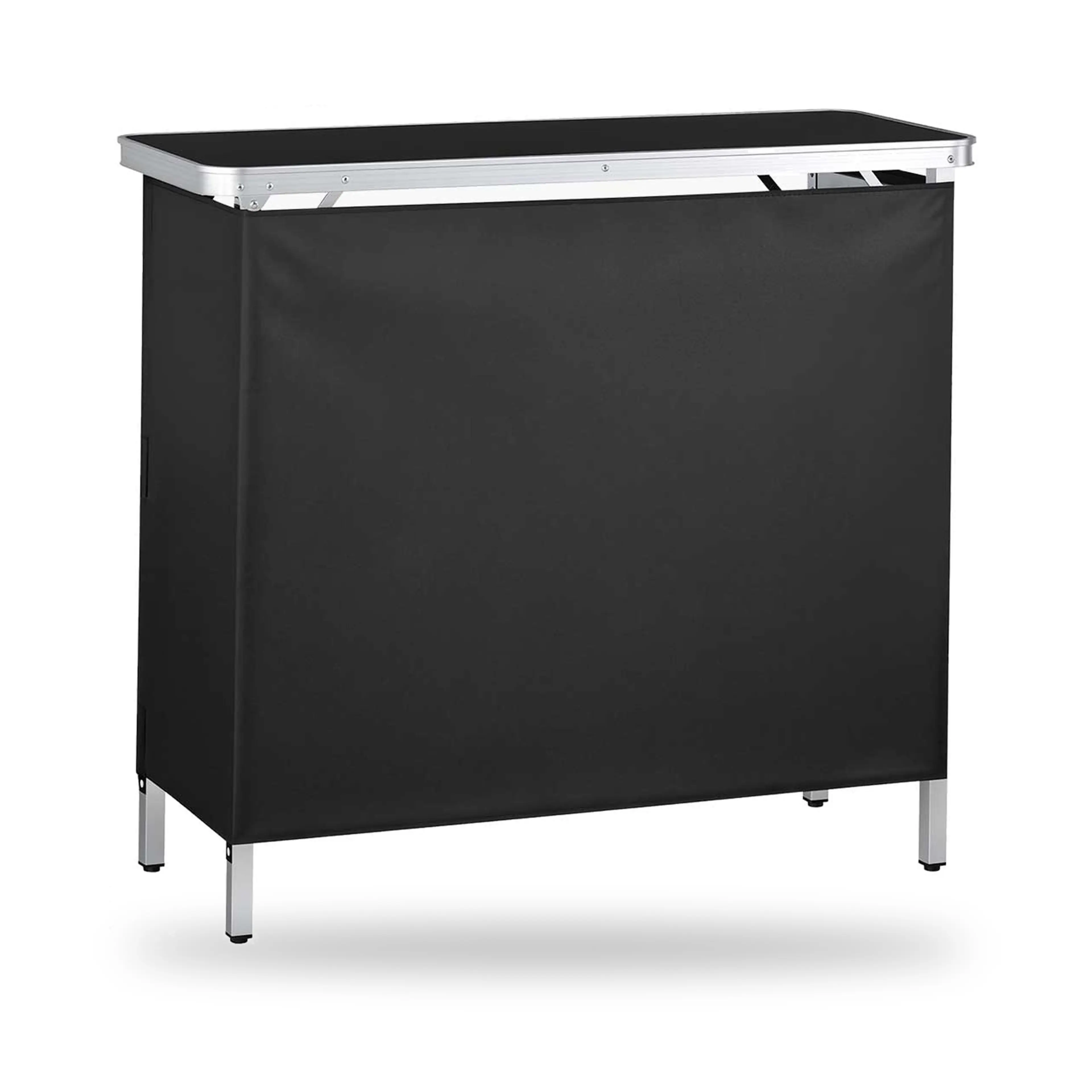 Hopfällbar bardisk i svart med bordsskiva i MDF och aluminiumben – portabel bar på vit bakgrund