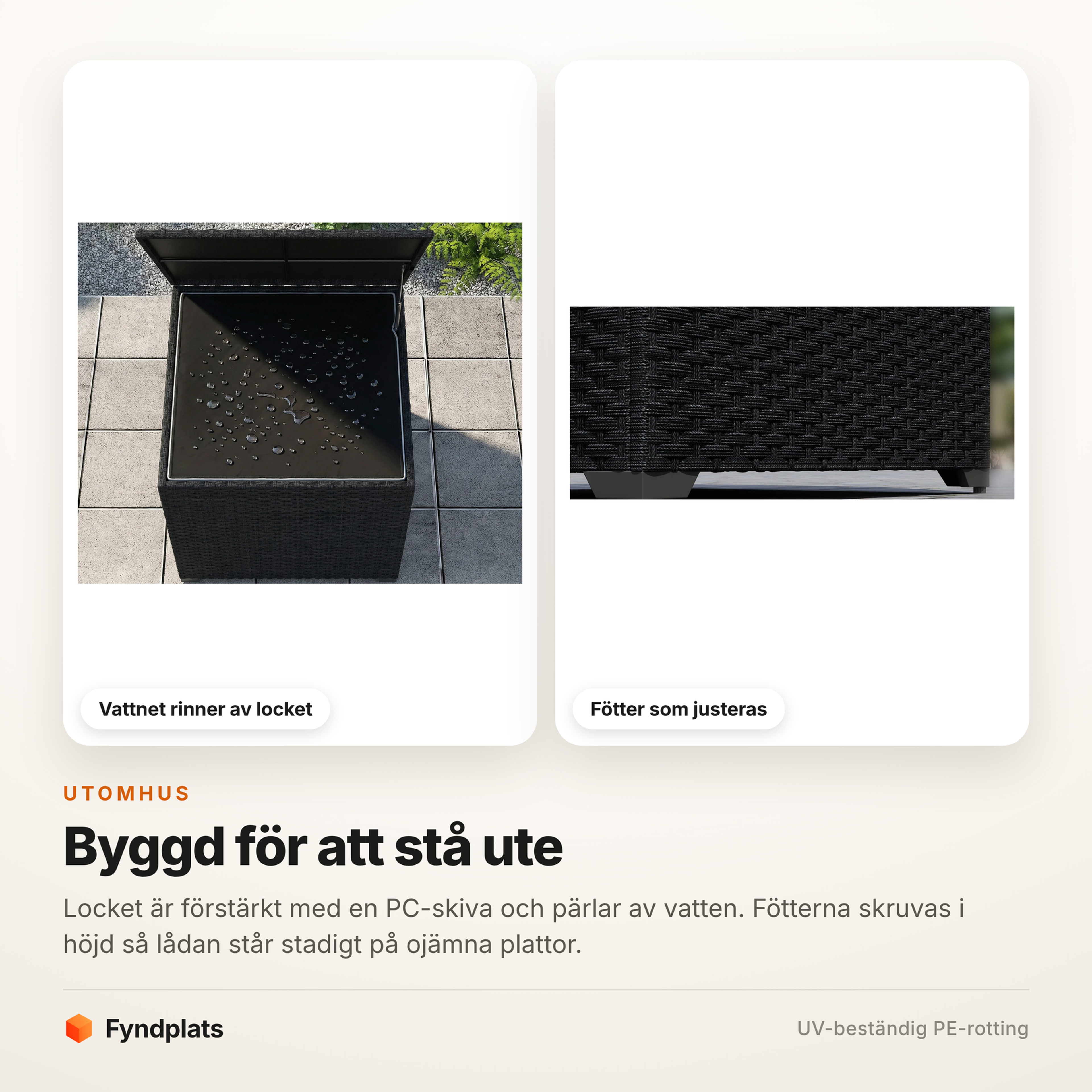 Vatten som pärlar på locket och de justerbara fötterna under förvaringsboxen
