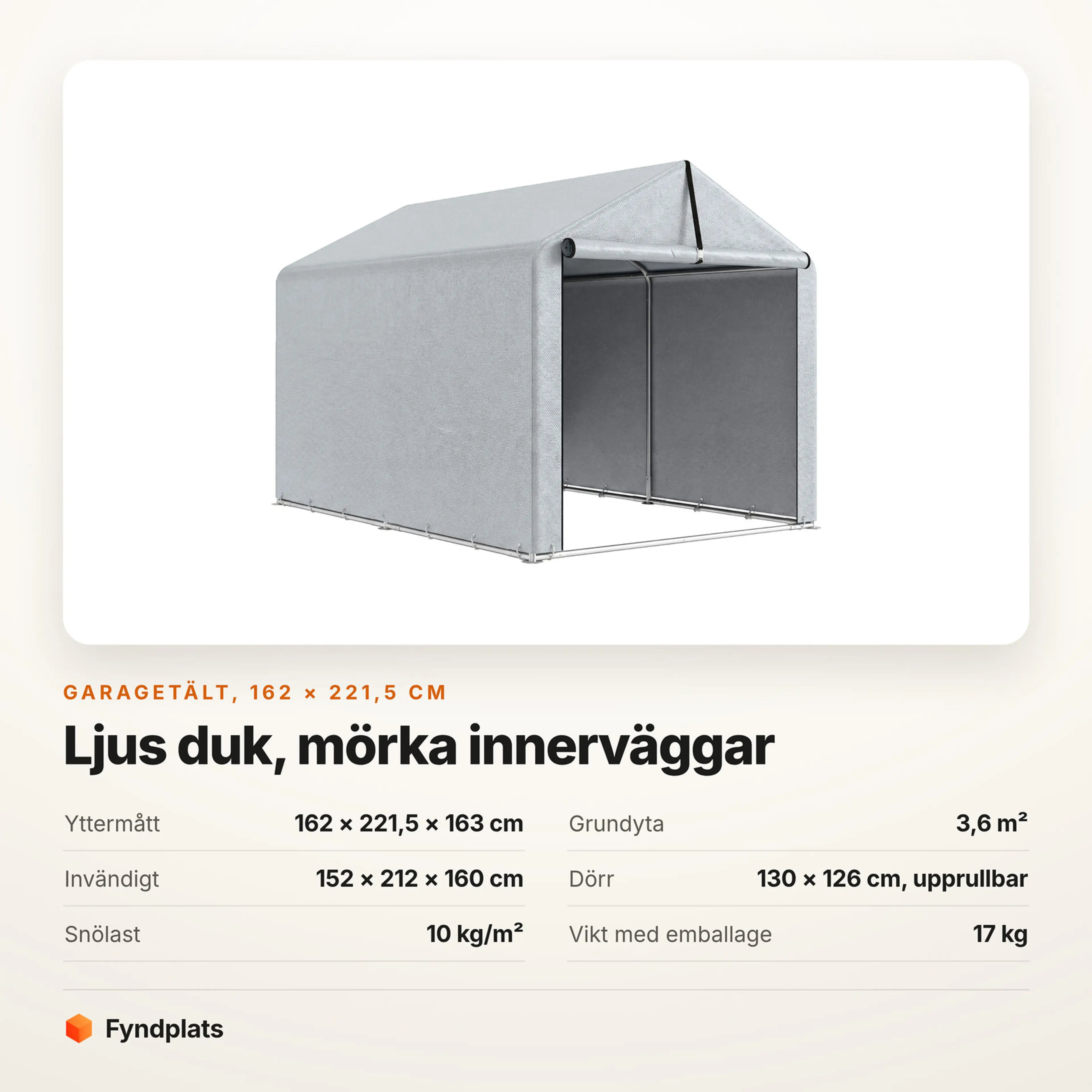 Faktakort för ljusgrått garagetält 162 × 221,5 cm med snölast 10 kg/m²